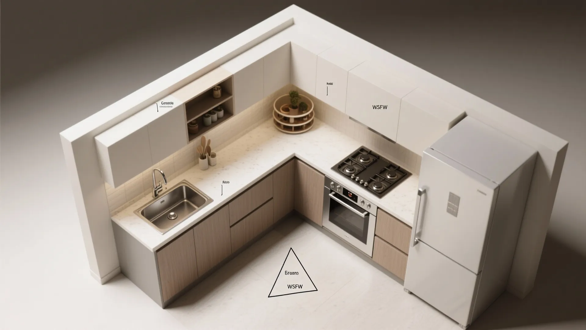 Modern L-shaped kitchen layout with white upper cabinets wood base cabinets and stainless steel oven stove