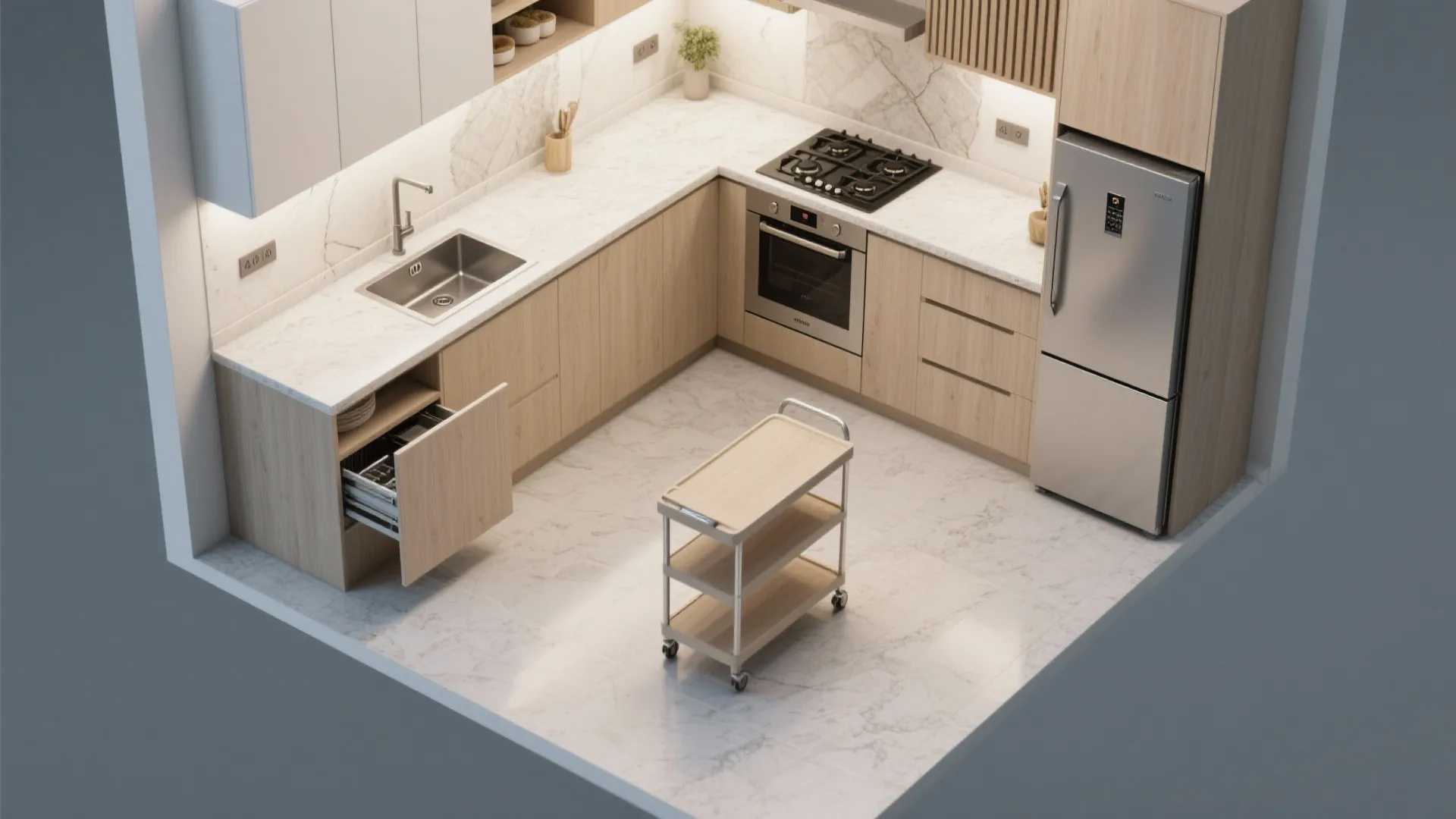 Interior design drawing showing L-shaped kitchen with wooden cabinets silver fridge and white marble floor tiles