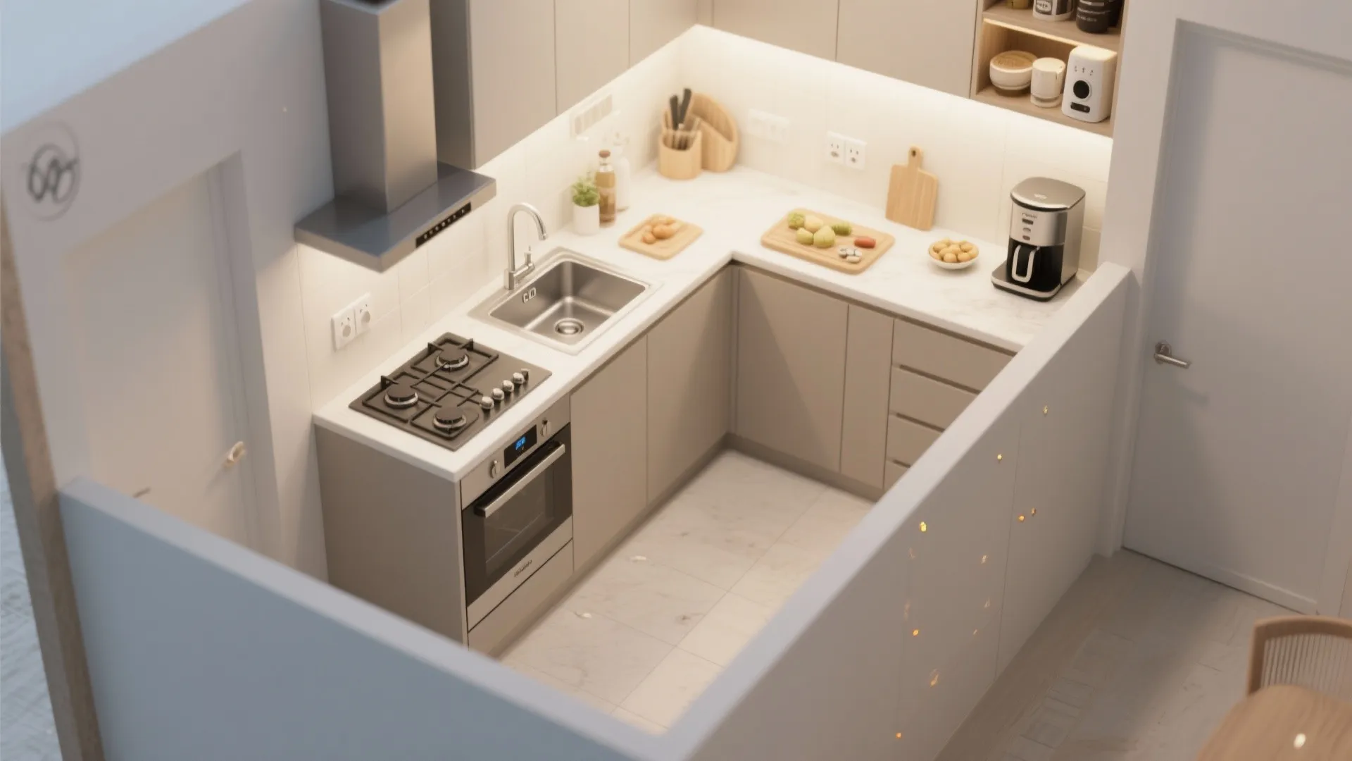 Top-down view of a compact L-shaped kitchen plan with clear work zones and a corner carousel.