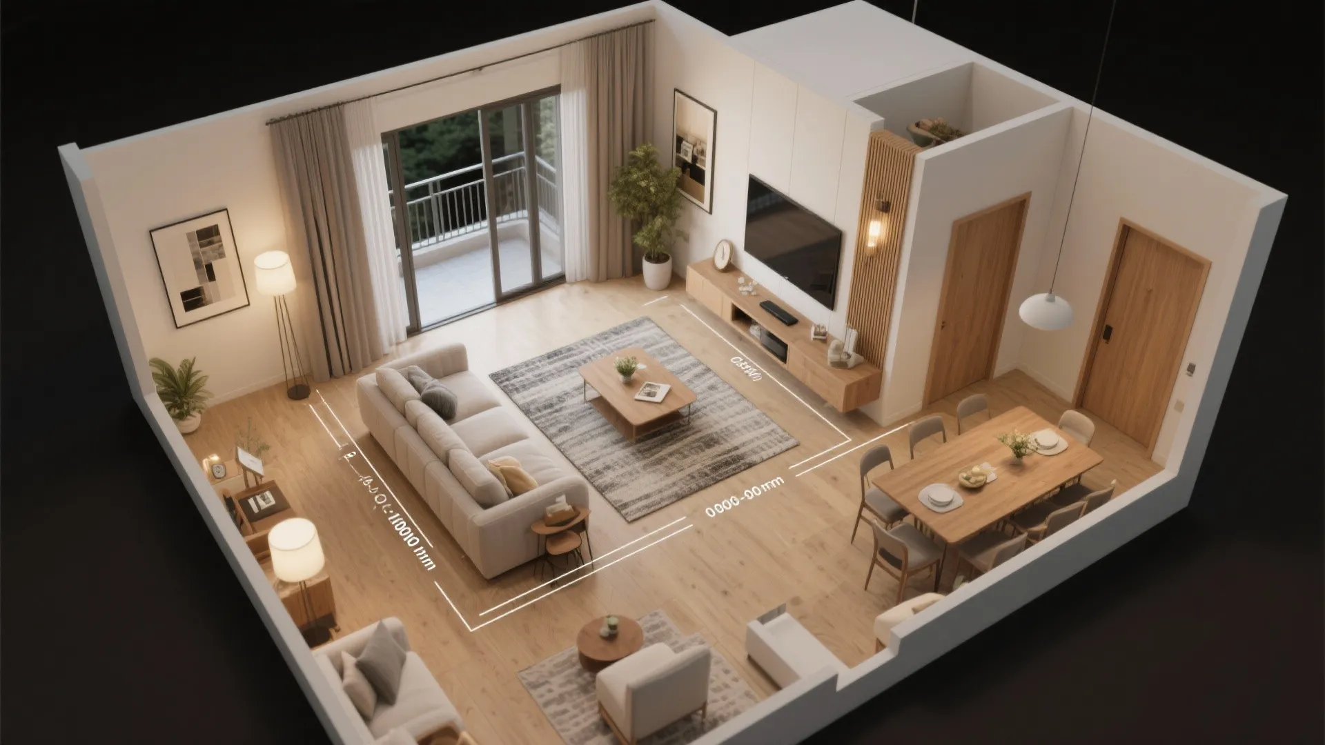 Open-plan L-shaped living + dining for better flow