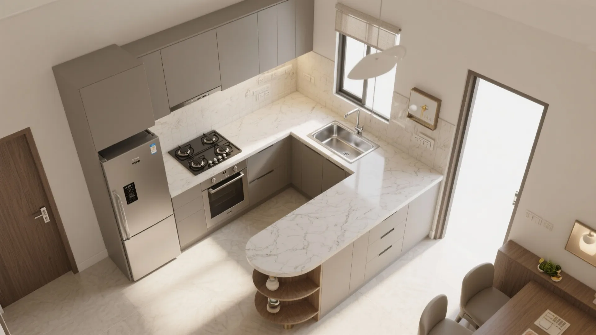 L-shaped layout that frees counter space