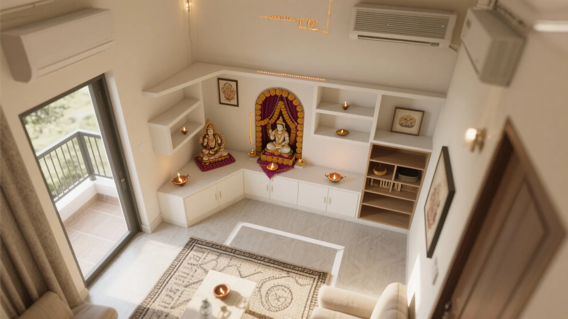 Top-down plan of an L-shaped pooja corner with defined idol, diya, and storage zones.