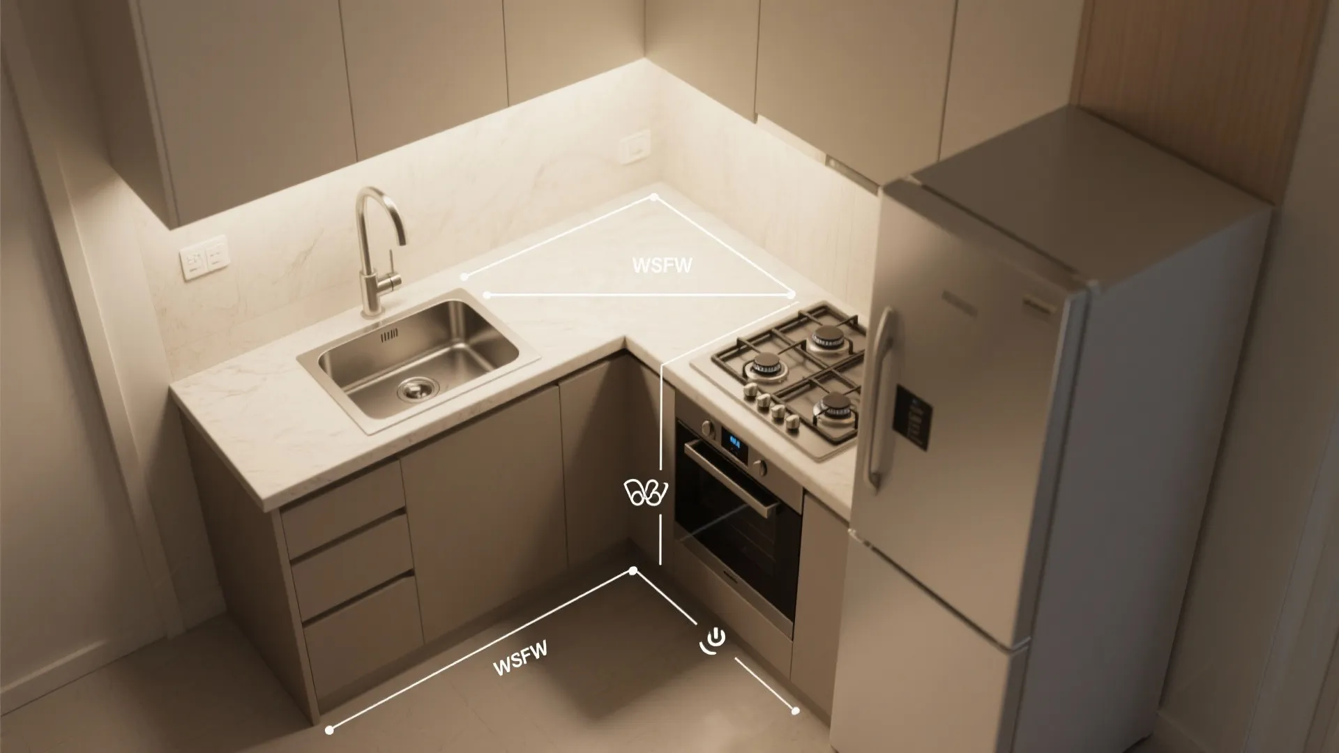 L-shaped kitchen room layout featuring grey cabinets white fridge stove sink and under cabinet lights