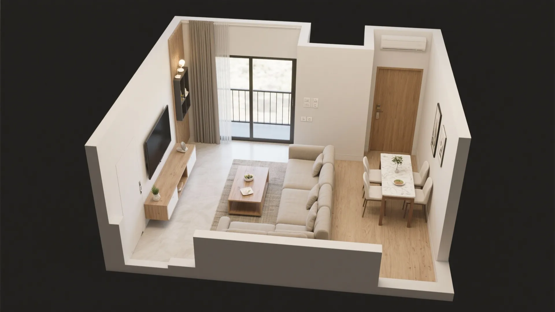 3) L-shaped micro-layout for open living-dining