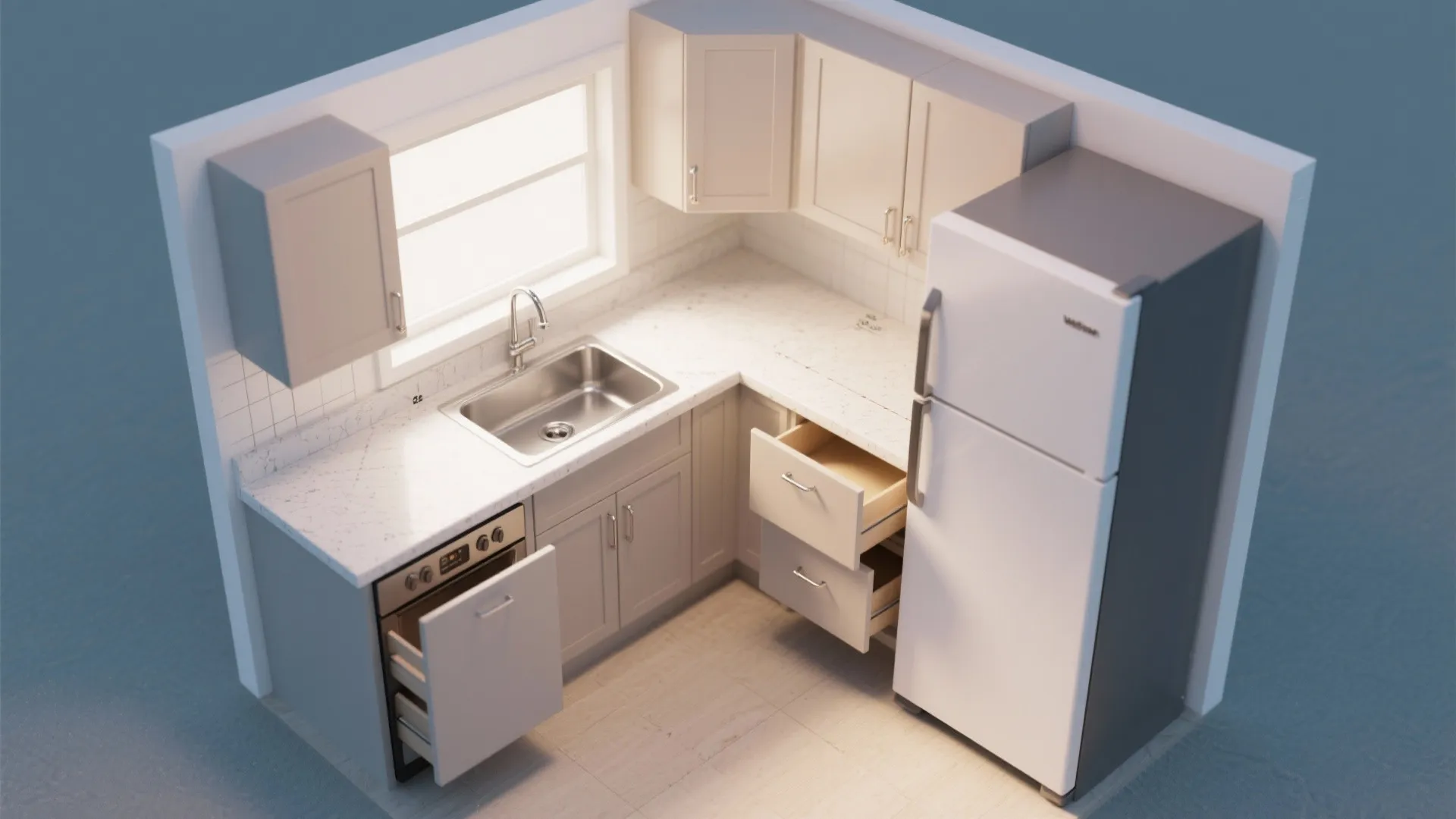 Compact L-shaped layout for more counter space