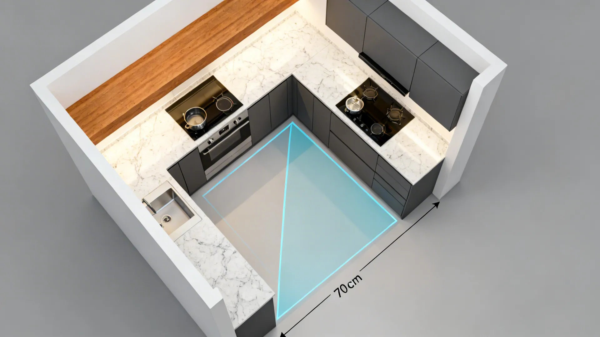 Top-down view of a small kitchen with an L-shaped side counter and clear circulation.