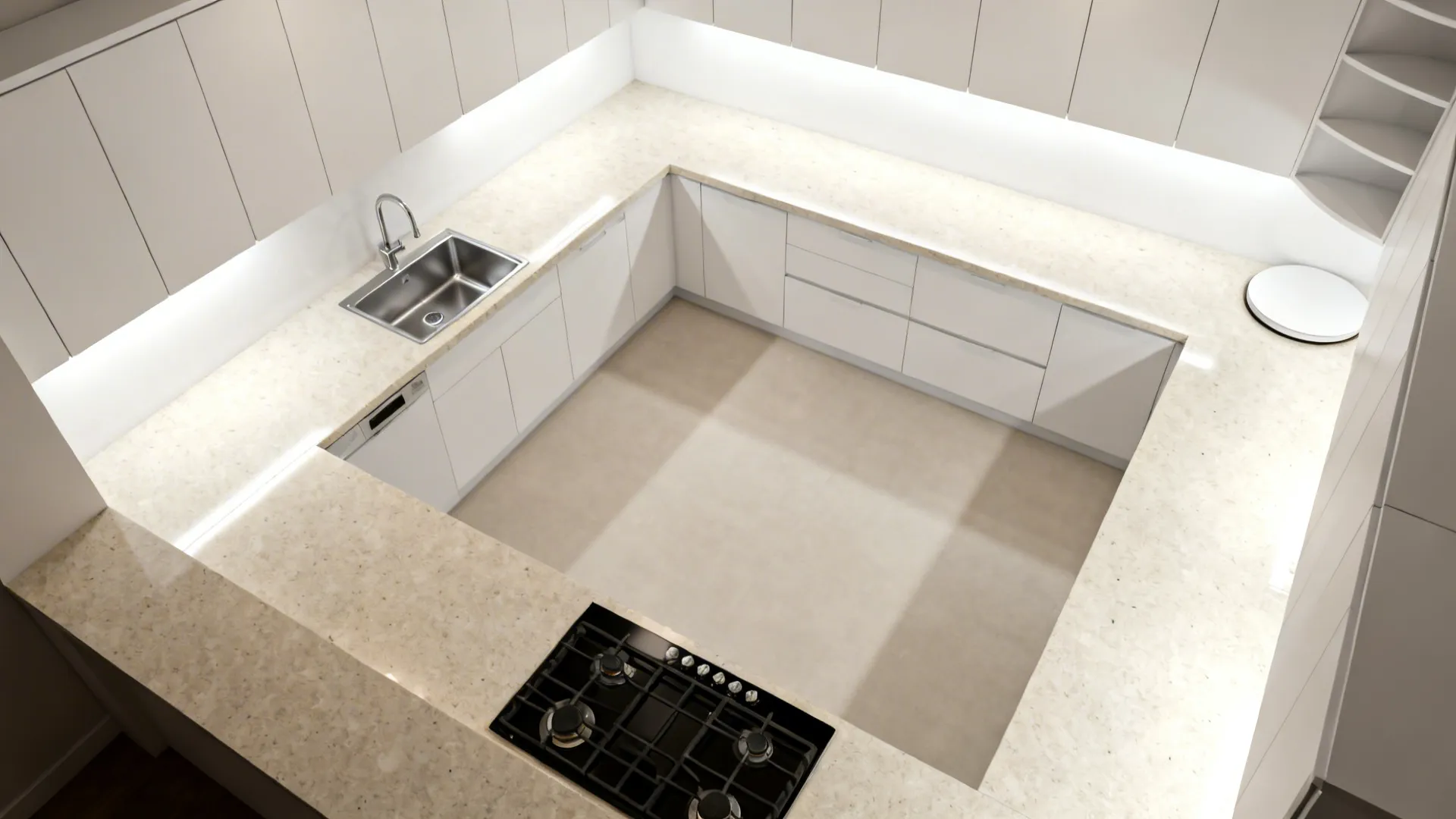 Top-down view of an L-shaped kitchen with sink on the short leg and cooktop on the long run to expand prep space.