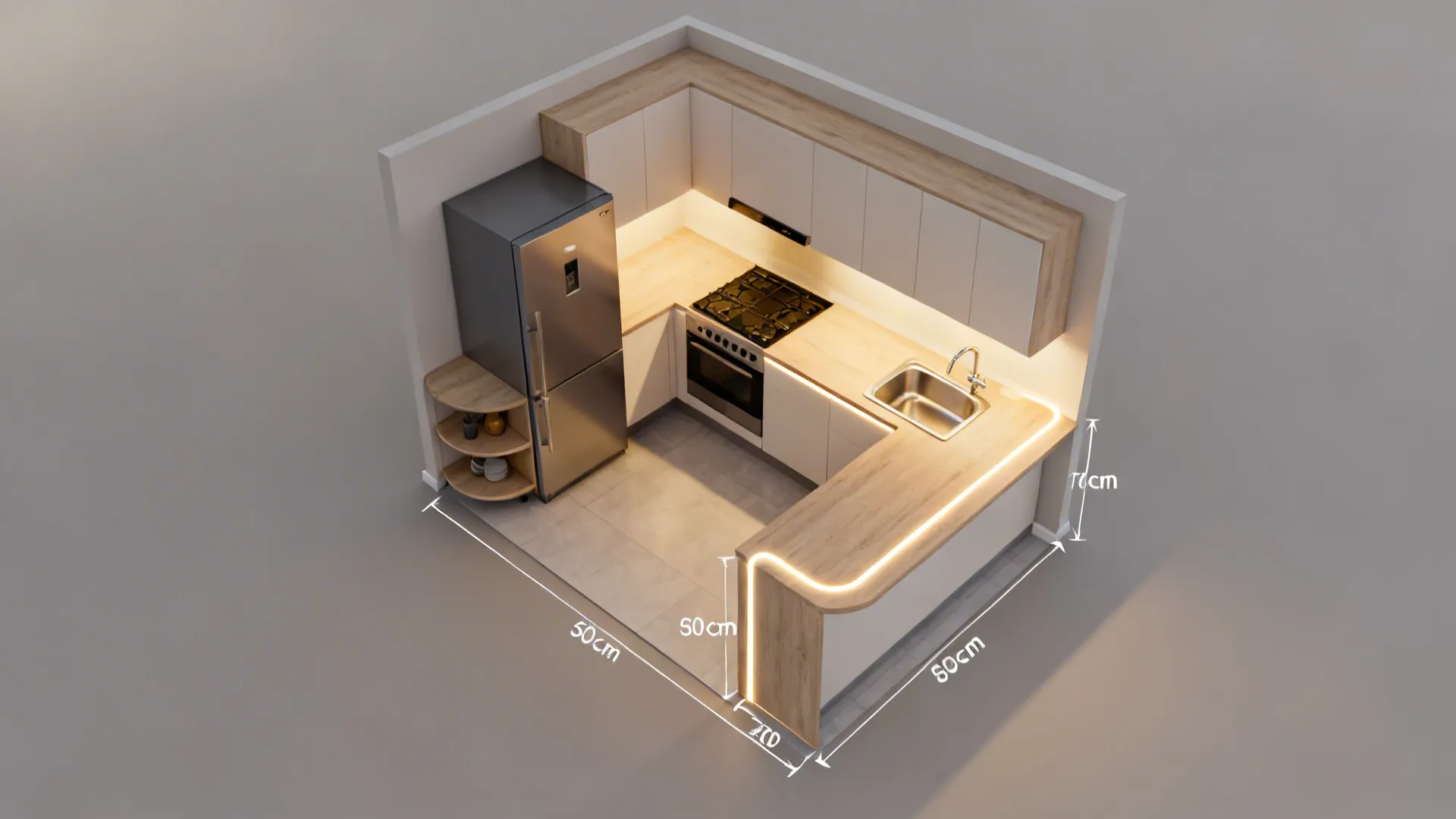 Top-down view of an L-shaped small kitchen layout with clear work triangle and corner solutions.