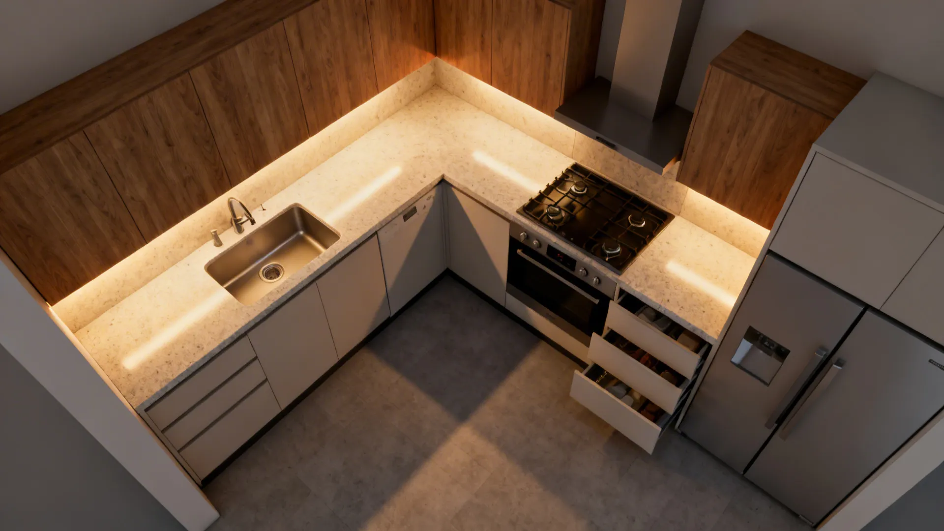 Top-down view of a compact L-shaped kitchen with clear workflow zones and storage.