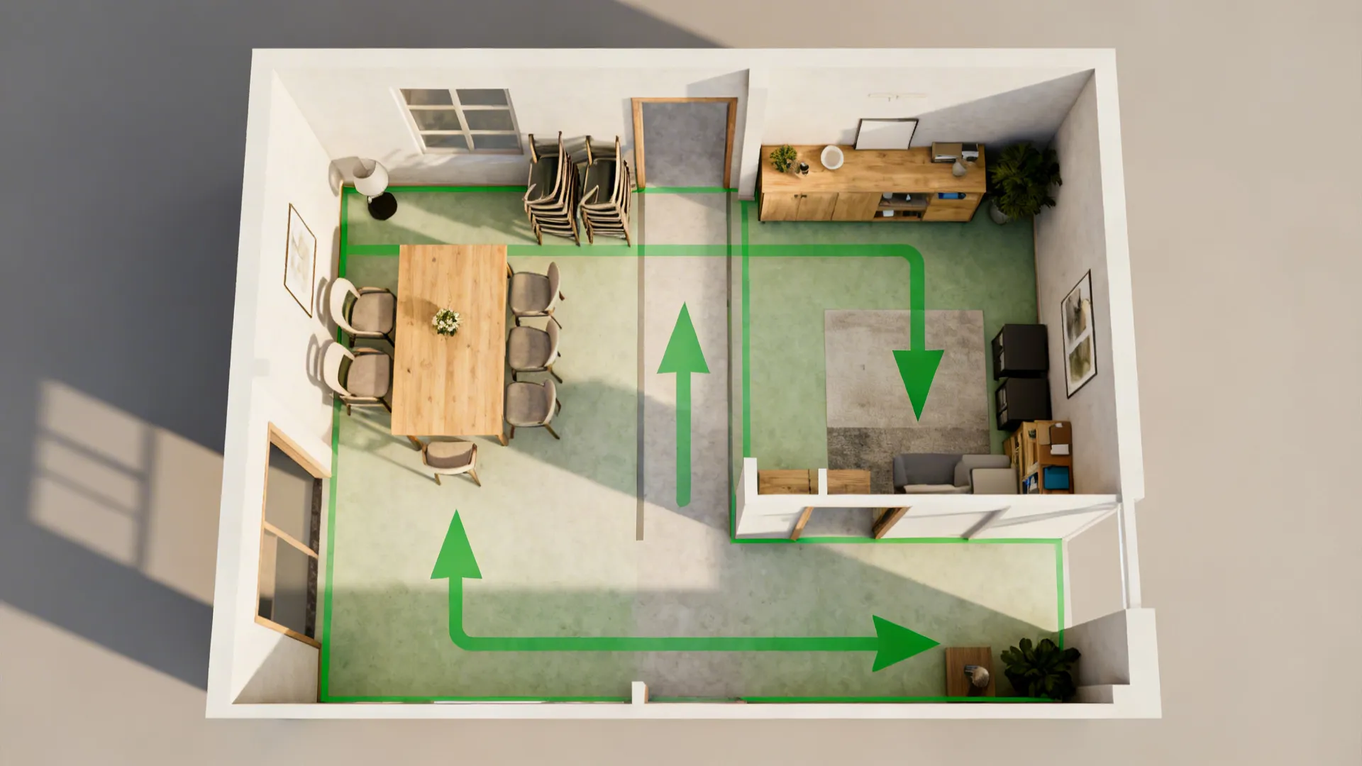 Top-down L-shaped small dining room layout with open central play space
