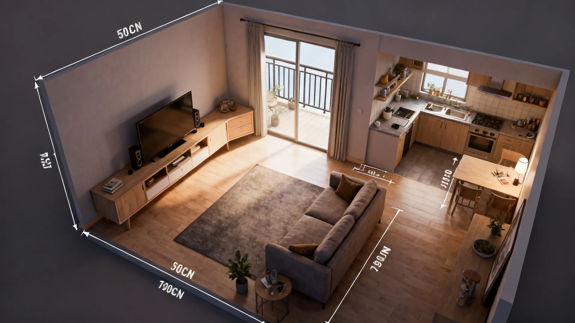 Top-down view of a small living room with an L-shaped media unit and clear circulation.