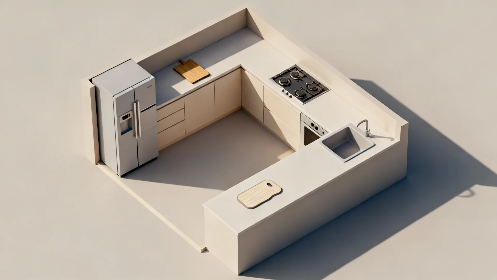 Top-down view of a compact L-shaped kitchen plan highlighting prep, cook, and clean zones.