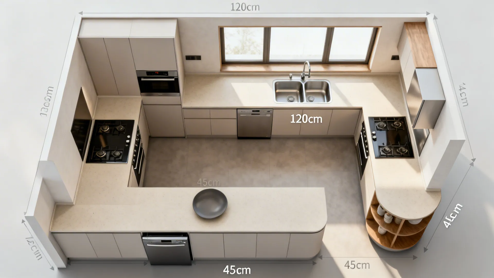 Top-down view of an L-shaped small kitchen with a continuous prep zone and appliances at ends.