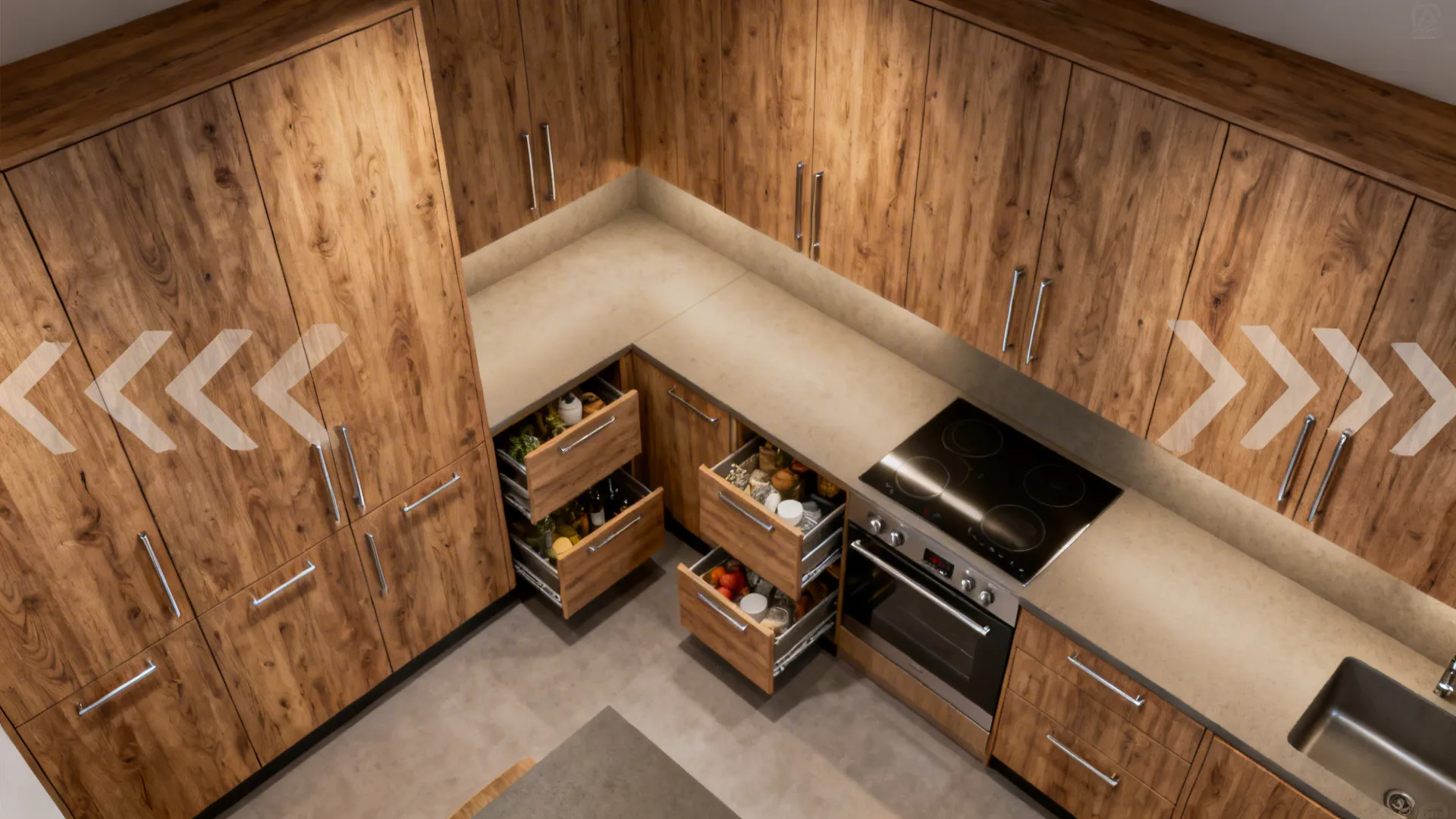 Top down view of wooden kitchen cabinets with open drawers showing food storage and oven
