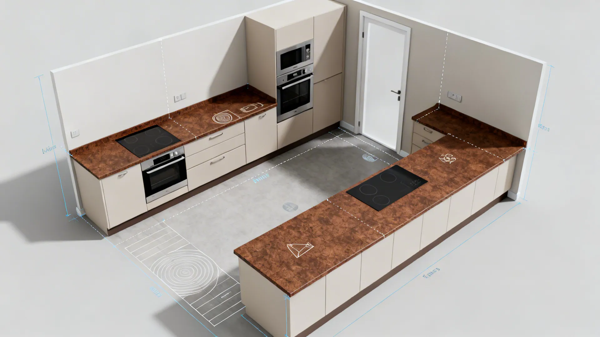 Top-down L-shaped kitchen plan with clearances and continuous Baltic Brown counter.