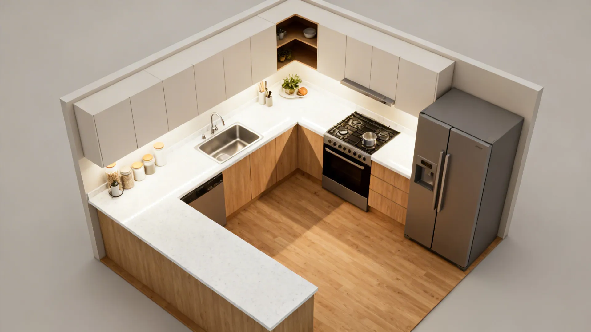 Top-down plan view of an L-shaped kitchen illustrating the work triangle and corner accessory.