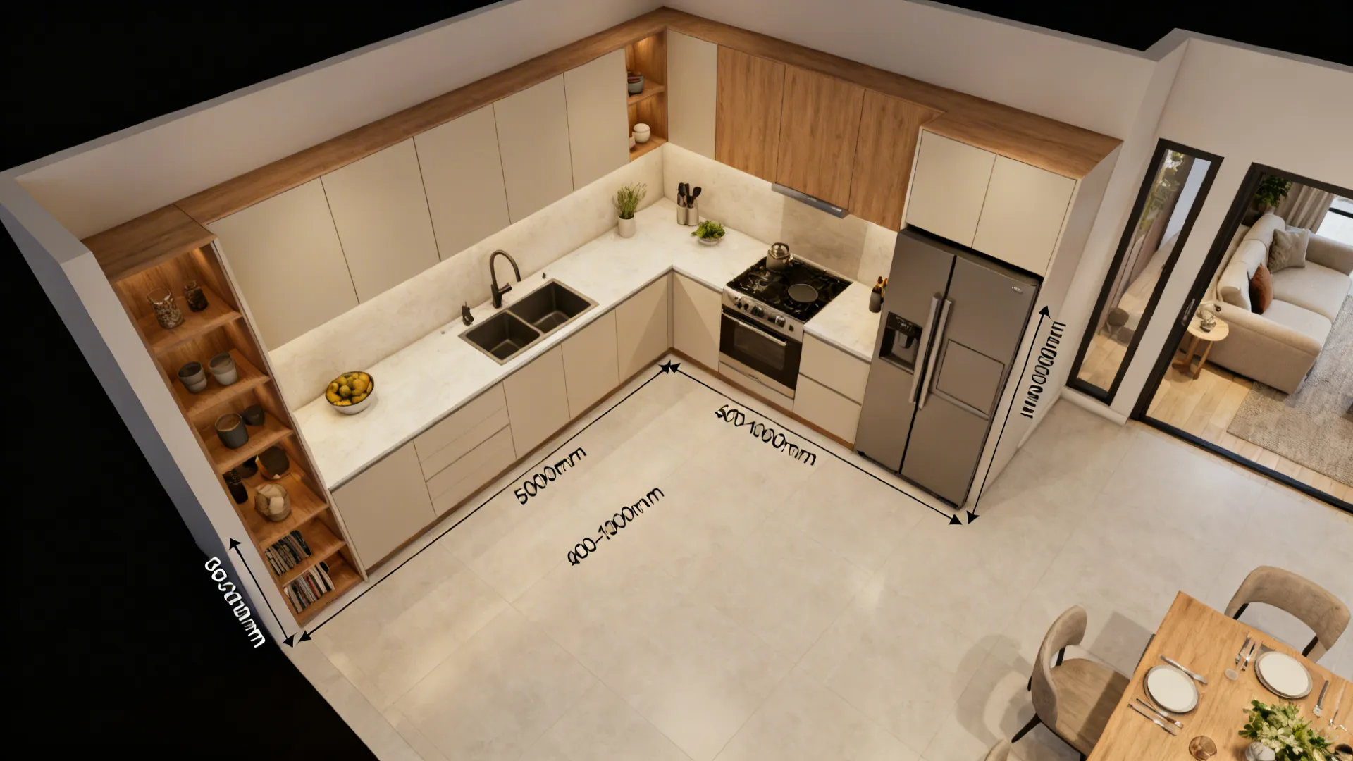 Top-down view of an L-shaped kitchen plan with clear work triangle and aisle widths.