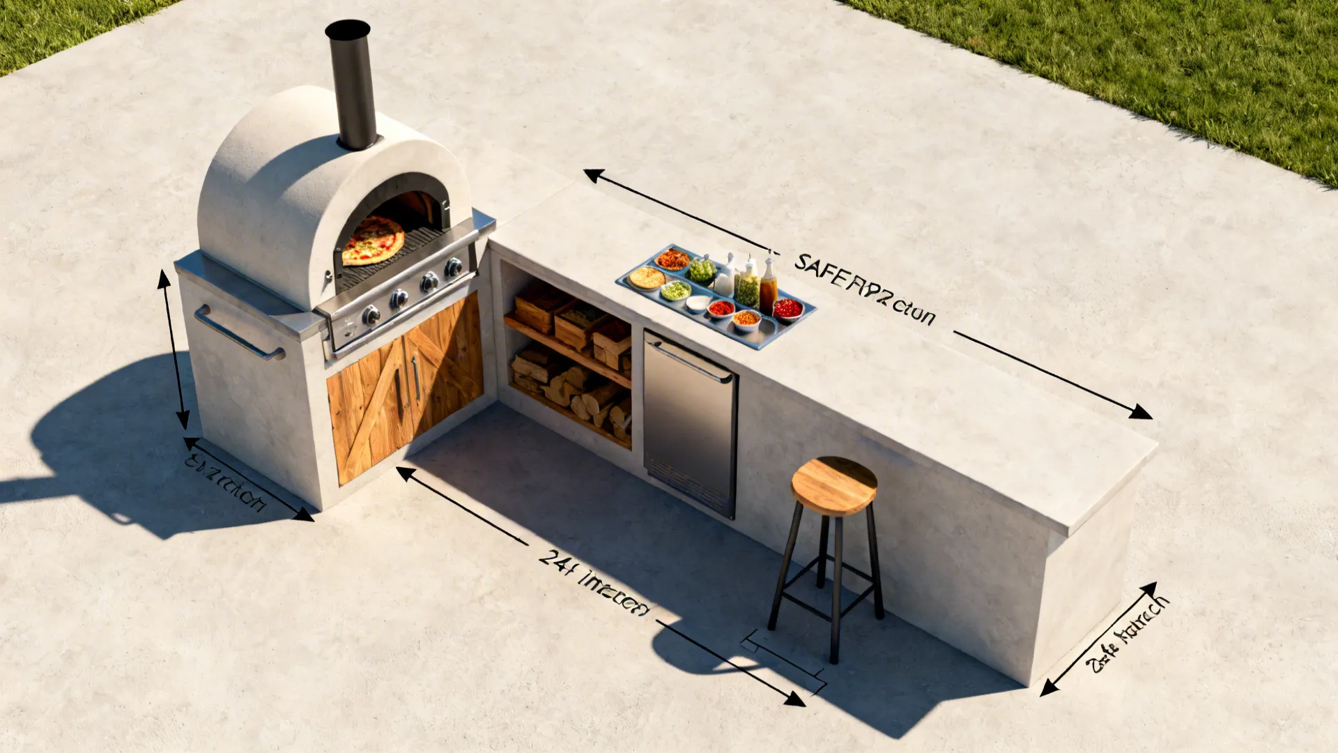 L-shaped outdoor kitchen interior design drawing showing pizza oven, counter, stool, and floor dimension markings