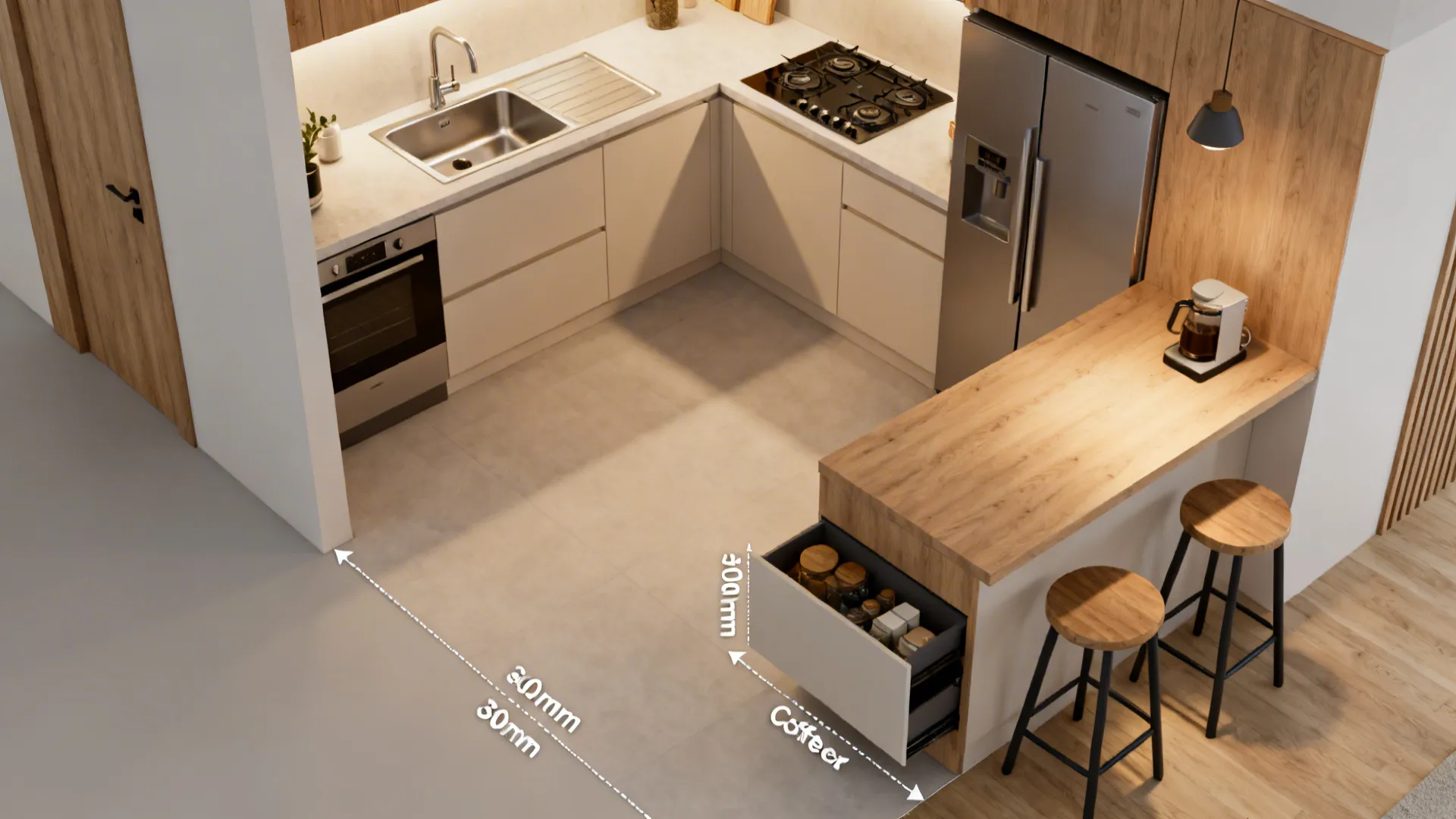 Top-down view of a compact L-shaped kitchen with clear work triangle and a small coffee ledge.