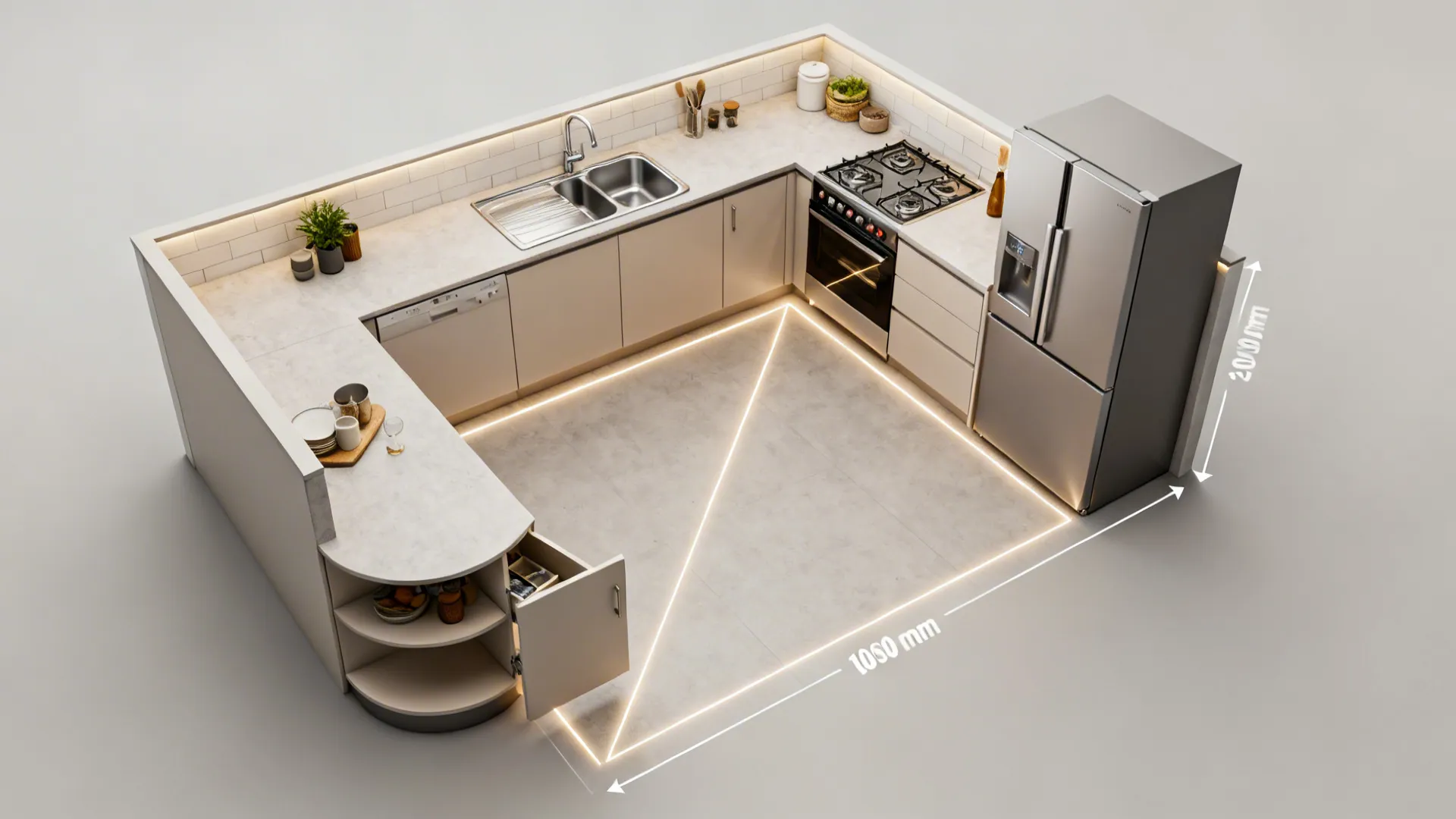 Top-down view of an L-shaped kitchen with clear work triangle and accessible corner storage.