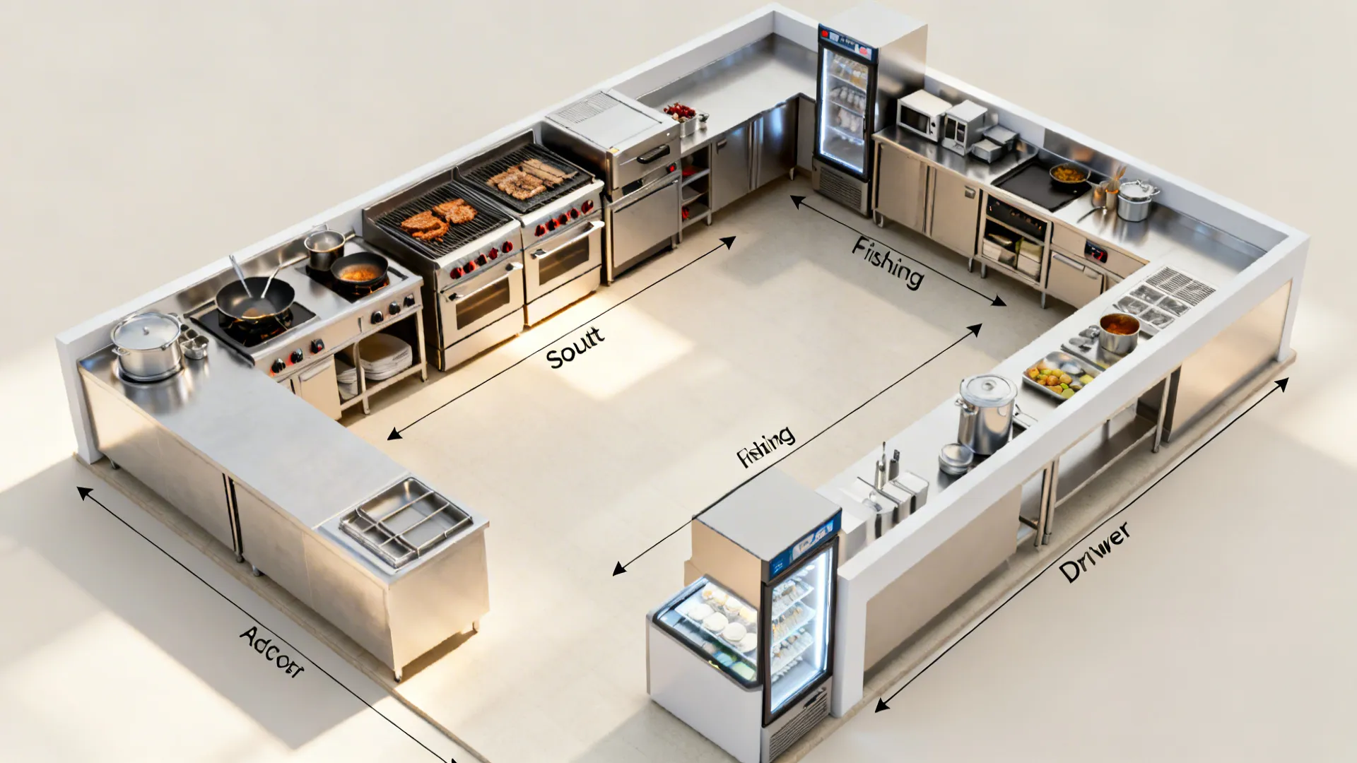 Top-down view of an L-shaped kitchen layout with clear station routes and aisle widths.