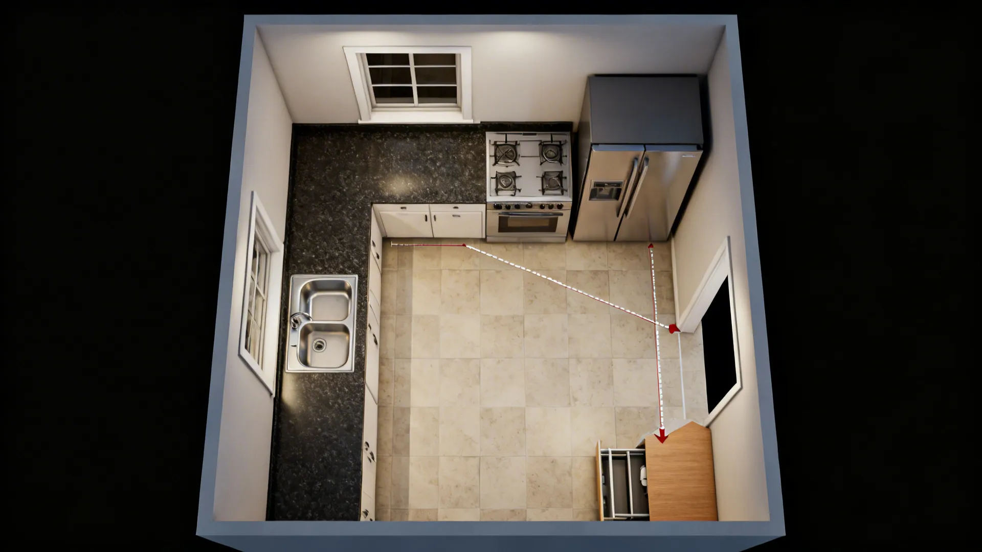 Top-down view of a 9x9 L-shaped kitchen with a clear work triangle and landing zone.