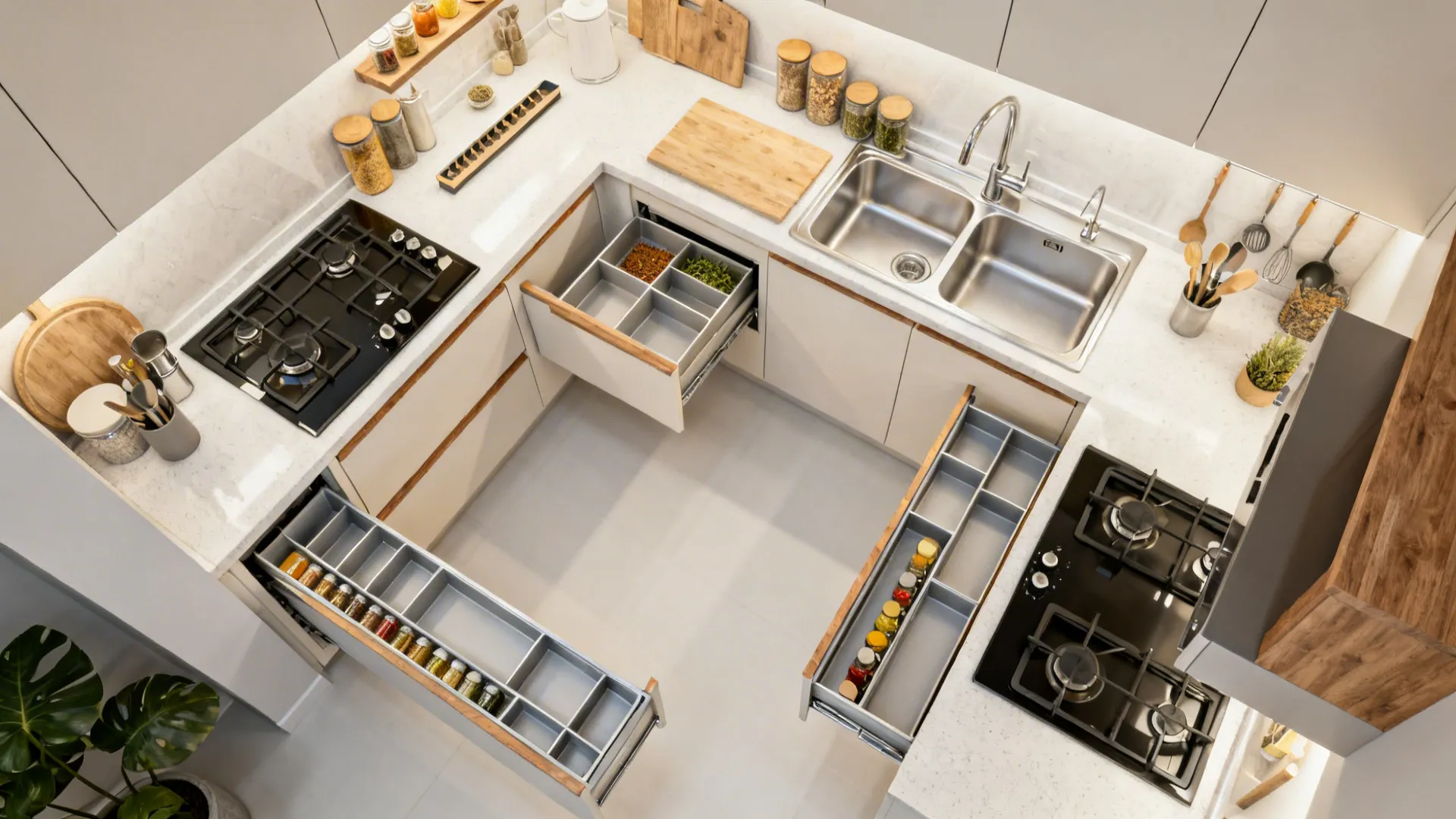 Top-down L-shaped kitchen with blind-corner pull-out and spice drawer near the stove.