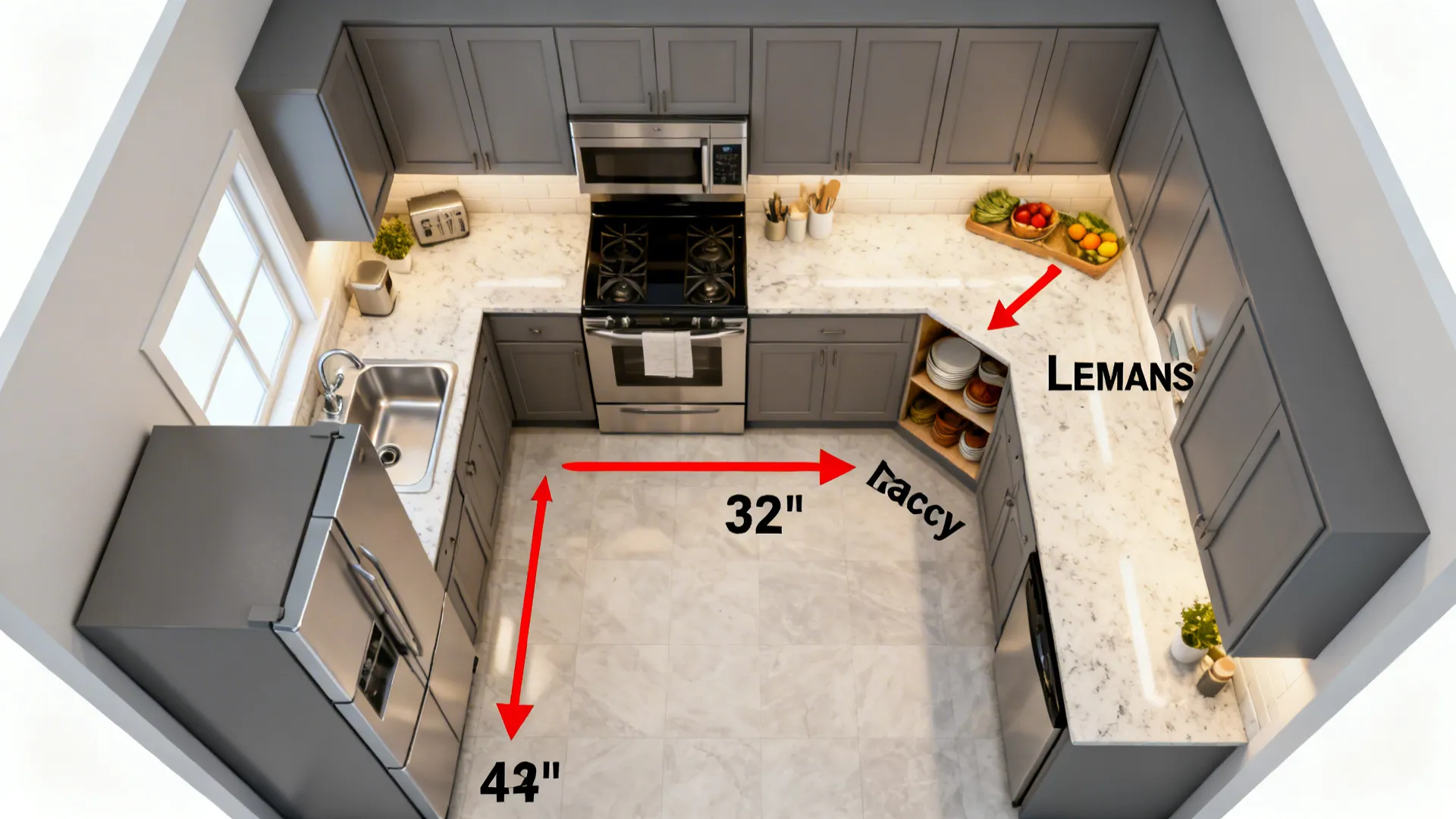 Top-down view of a compact L-shaped kitchen with clear aisles, landing zones, and corner storage.
