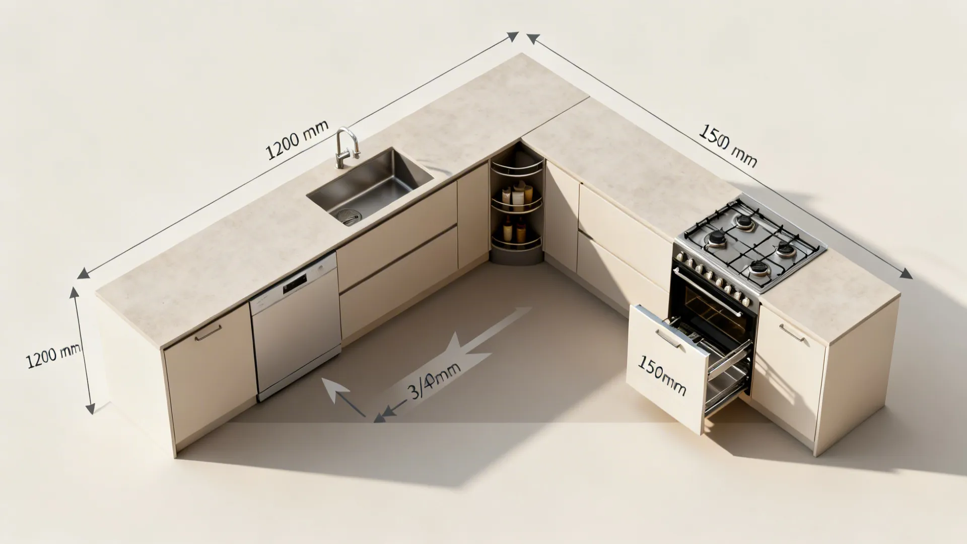 Top-down view of an L-shaped small kitchen with aisle clearances and corner solutions marked.