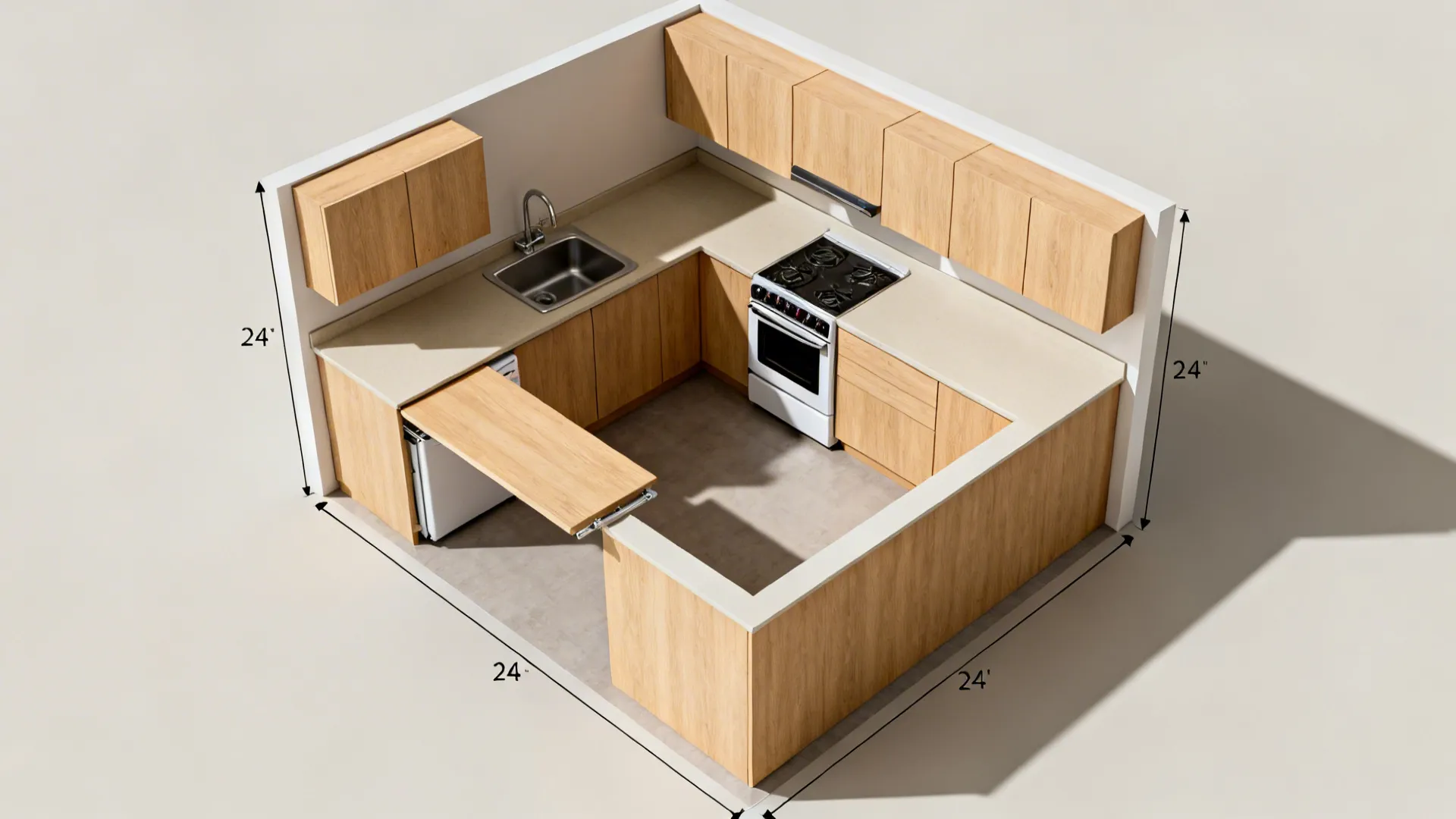 Top-down view of a compact L-shaped kitchen with a fold-down leaf and adjacent sink and cooktop.