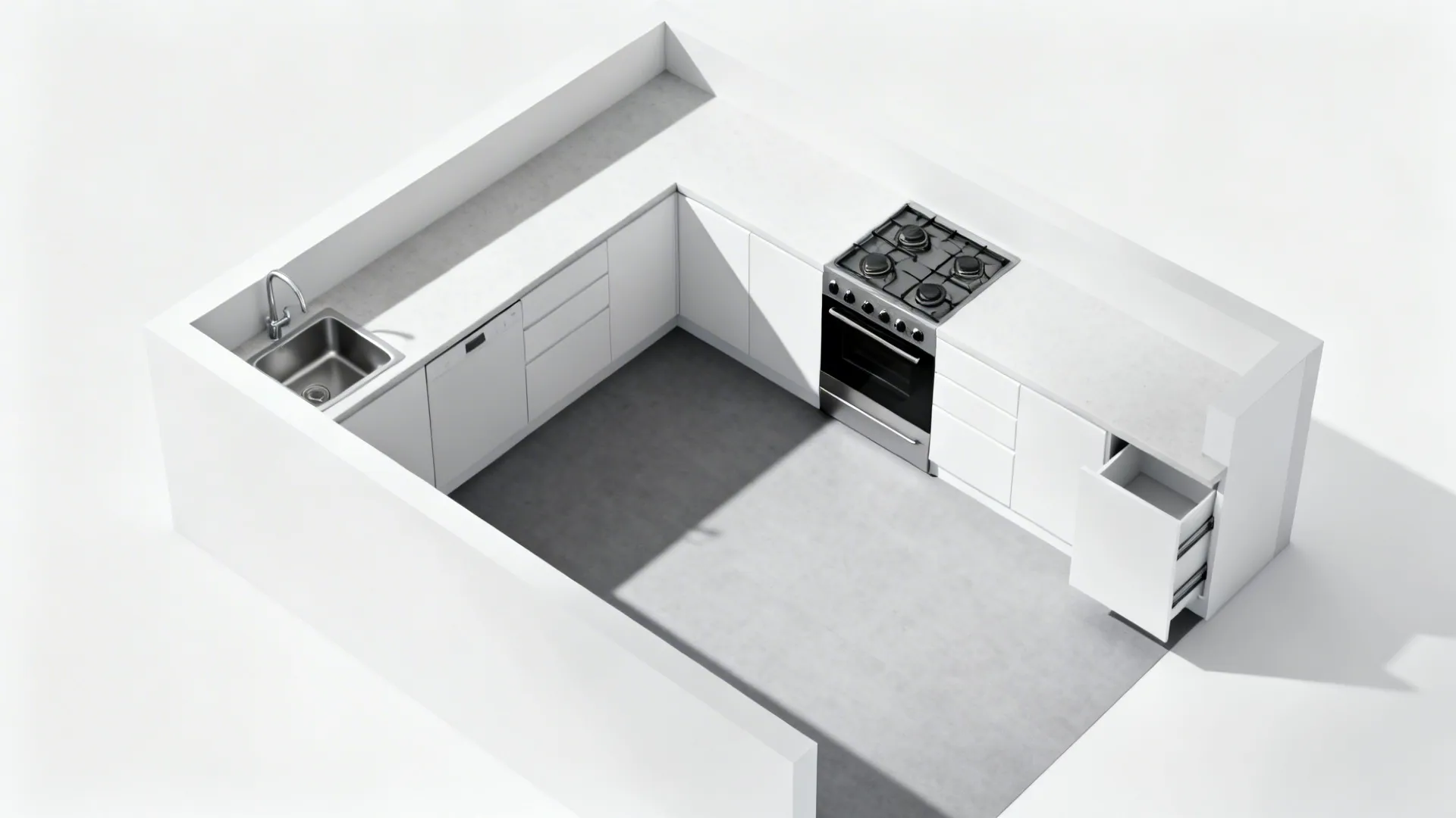 Top-down view of a compact L-shaped kitchen plan with sink and cooktop separated.