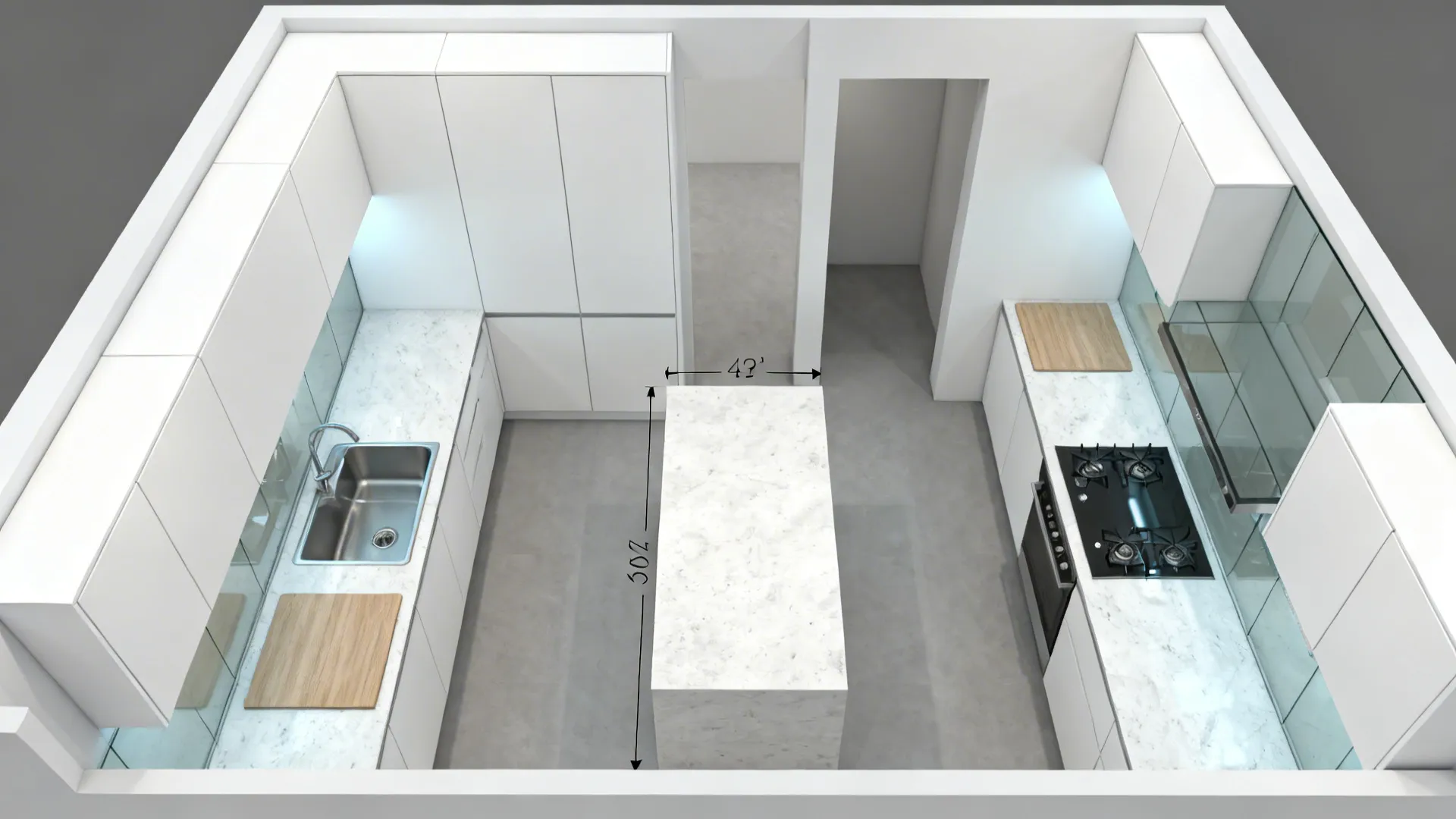 Top-down view of a compact L-shaped kitchen with slim island and clear 42-inch walkways.