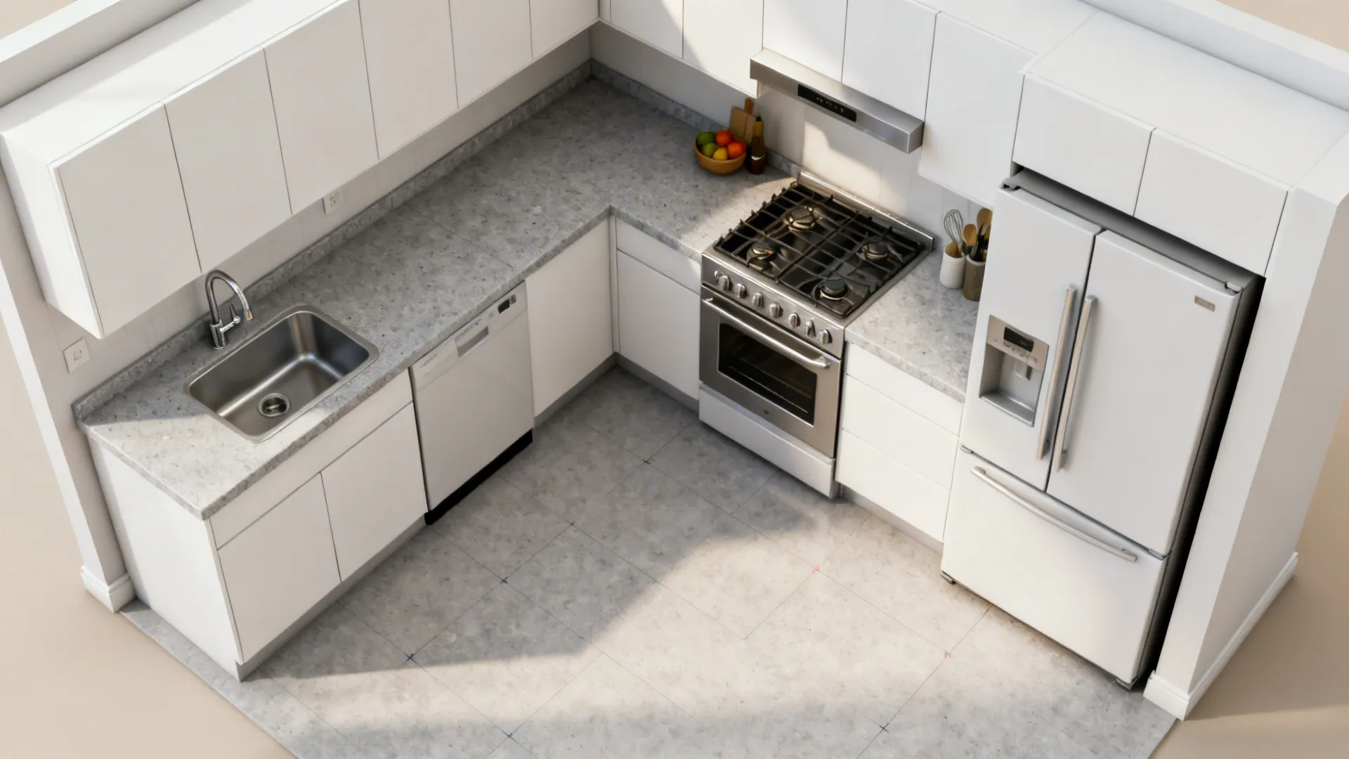 Top-down view of an L-shaped small kitchen showing sink, range, fridge clearances, and work triangle.