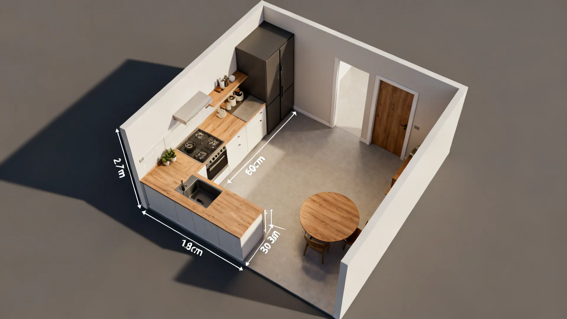 Interior design drawing showing small kitchen layout with wood countertop black fridge and round table