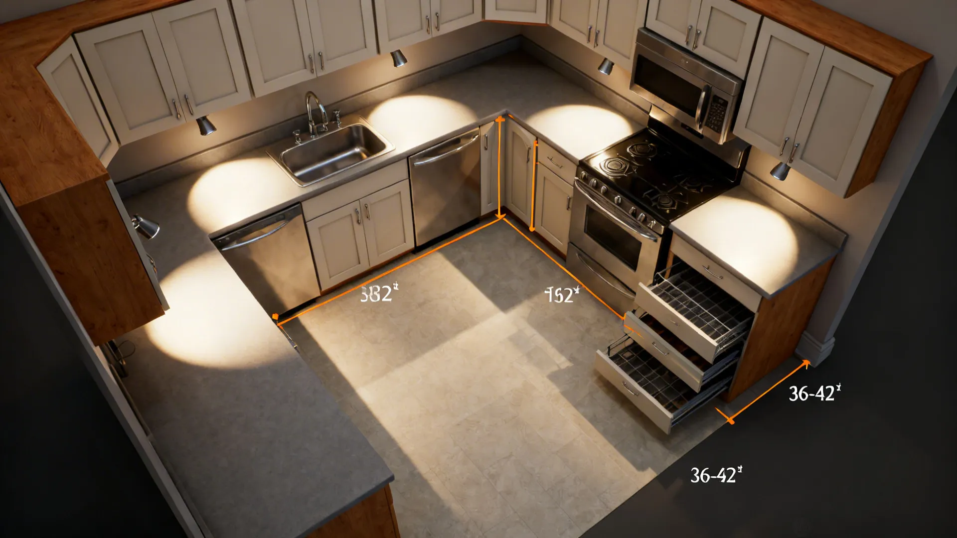 Top-down view of an efficient L-shaped kitchen with clear aisle space and work triangle.