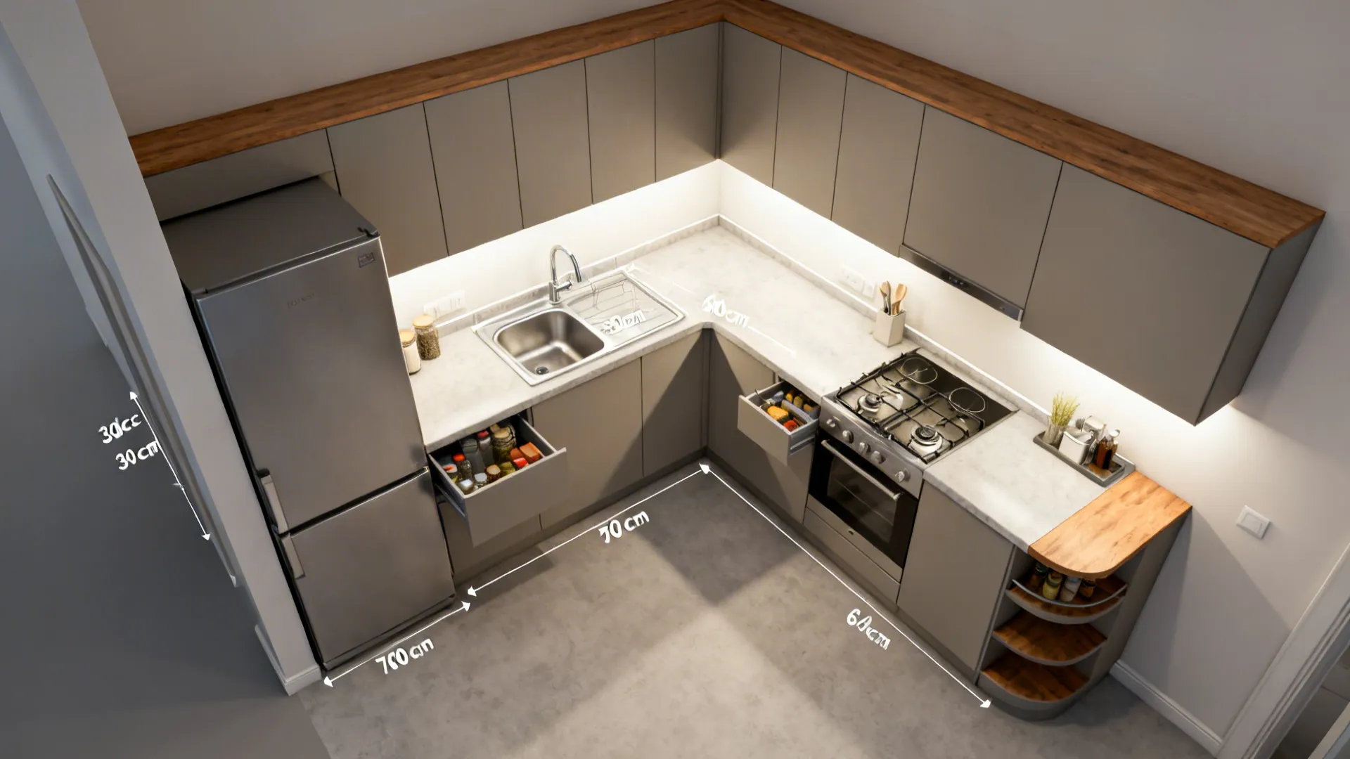 Top-down view of a compact L-shaped kitchen with clear prep zone and corner storage.