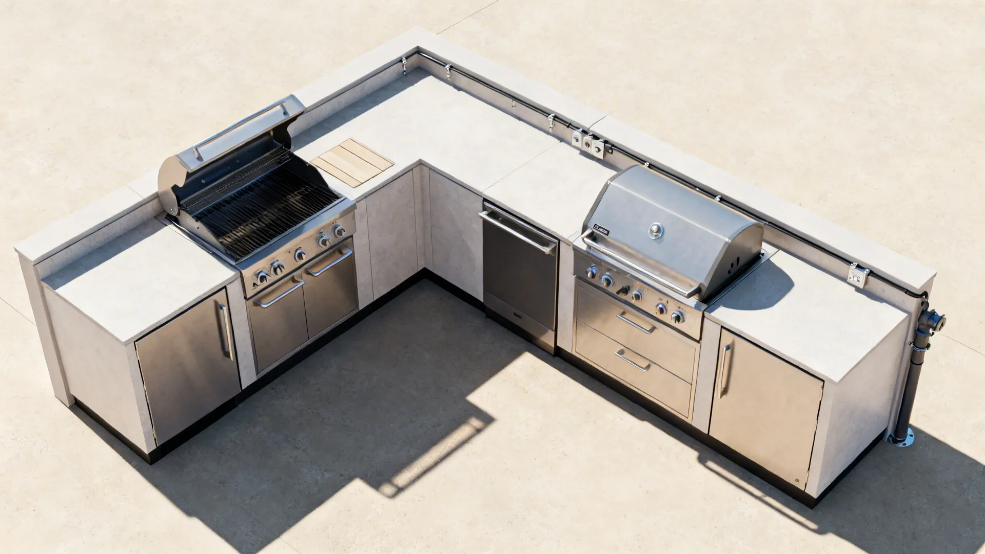 Top-down L-shaped outdoor kitchen plan showing clearances and efficient work paths.
