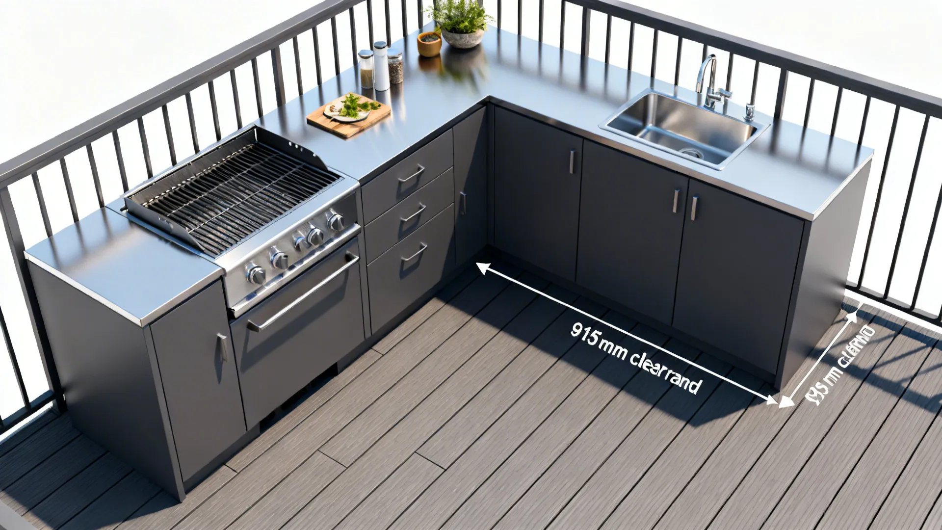 Top-down view of an L-shaped balcony kitchen showing clearances and zones.