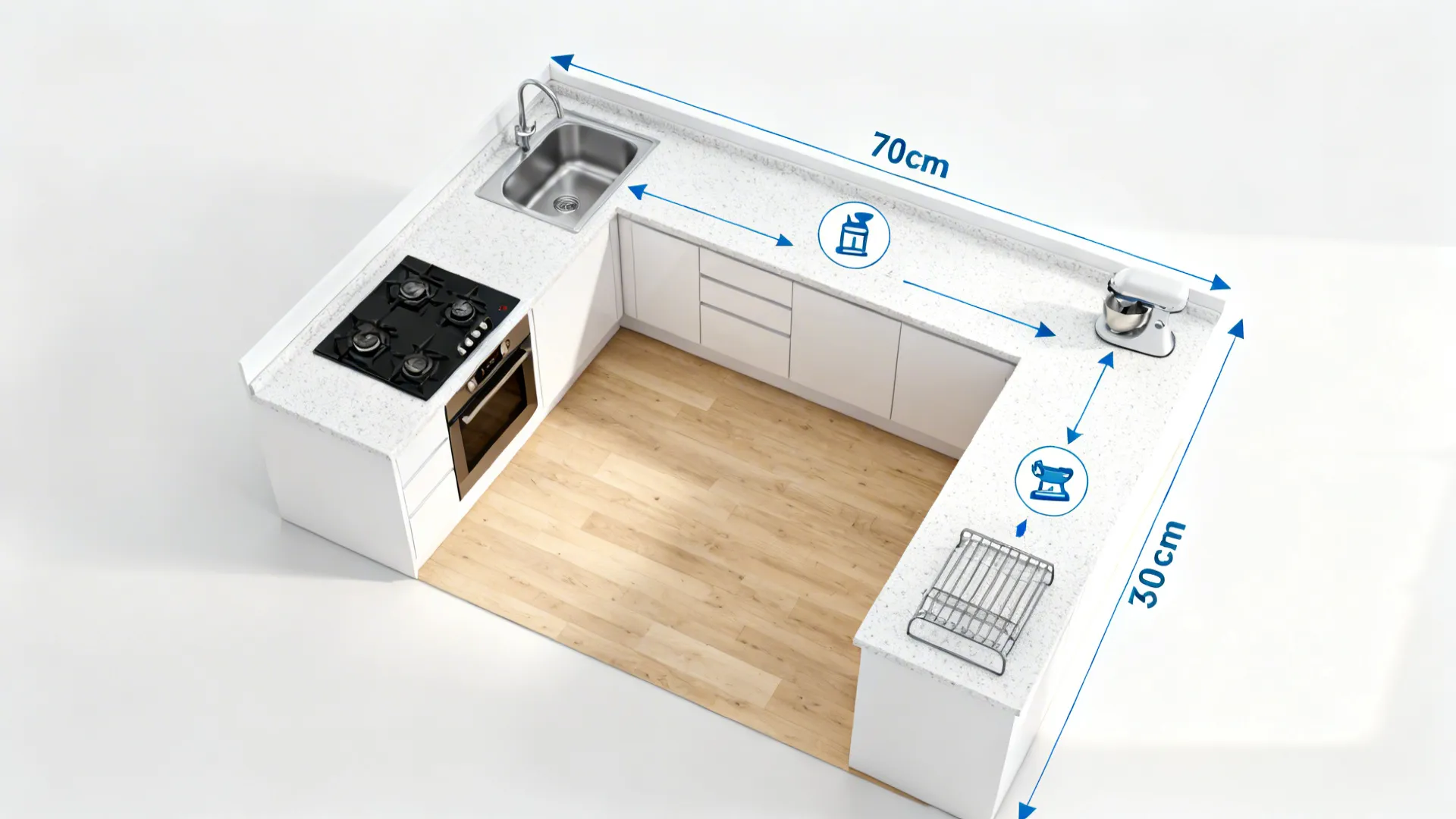 Top-down view of a compact L-shaped kitchen plan with a clear prep zone.