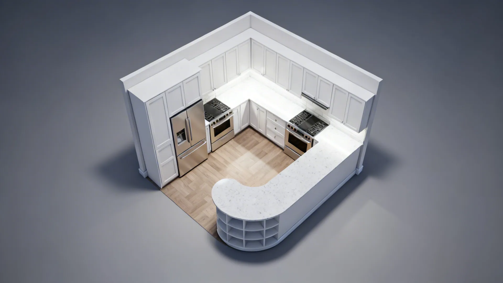 Top-down view of a compact L-shaped kitchen with corner carousel and clear work zones.