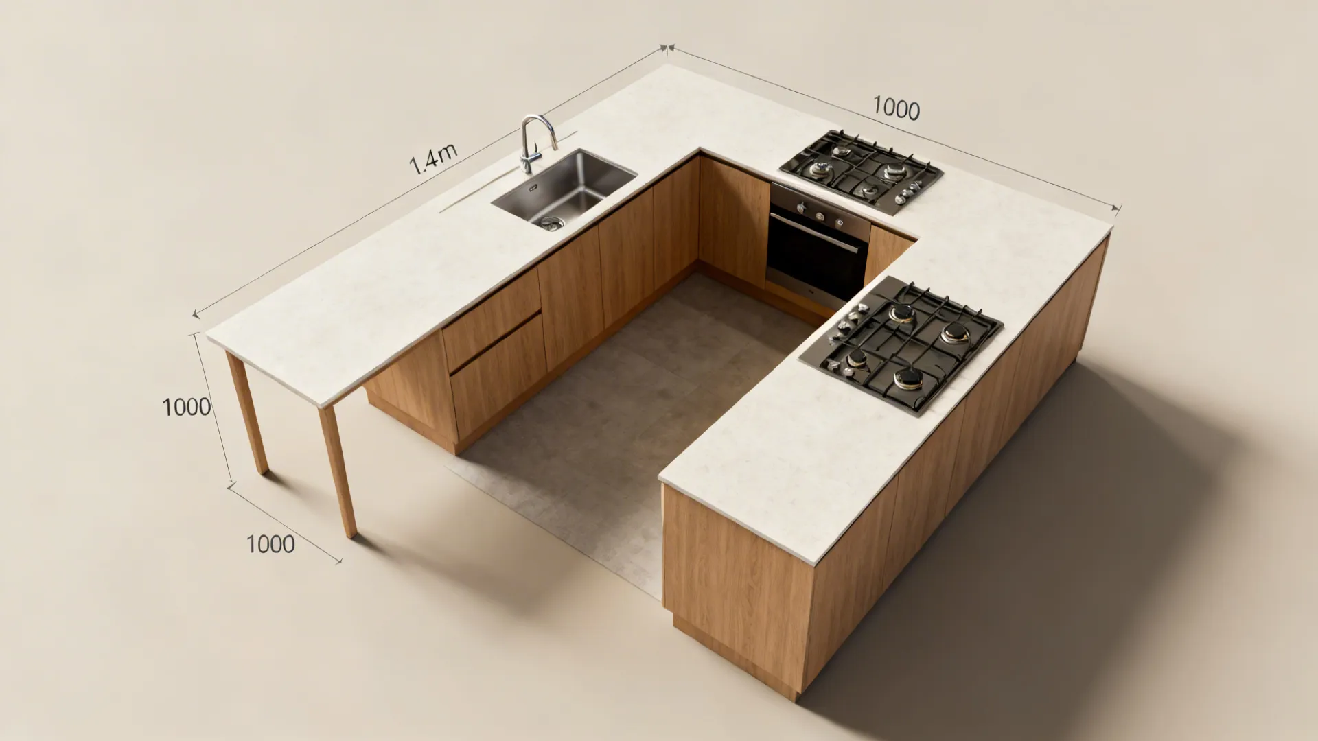 Top-down view of a compact L-shaped kitchen plan with clear prep zones and ample circulation.
