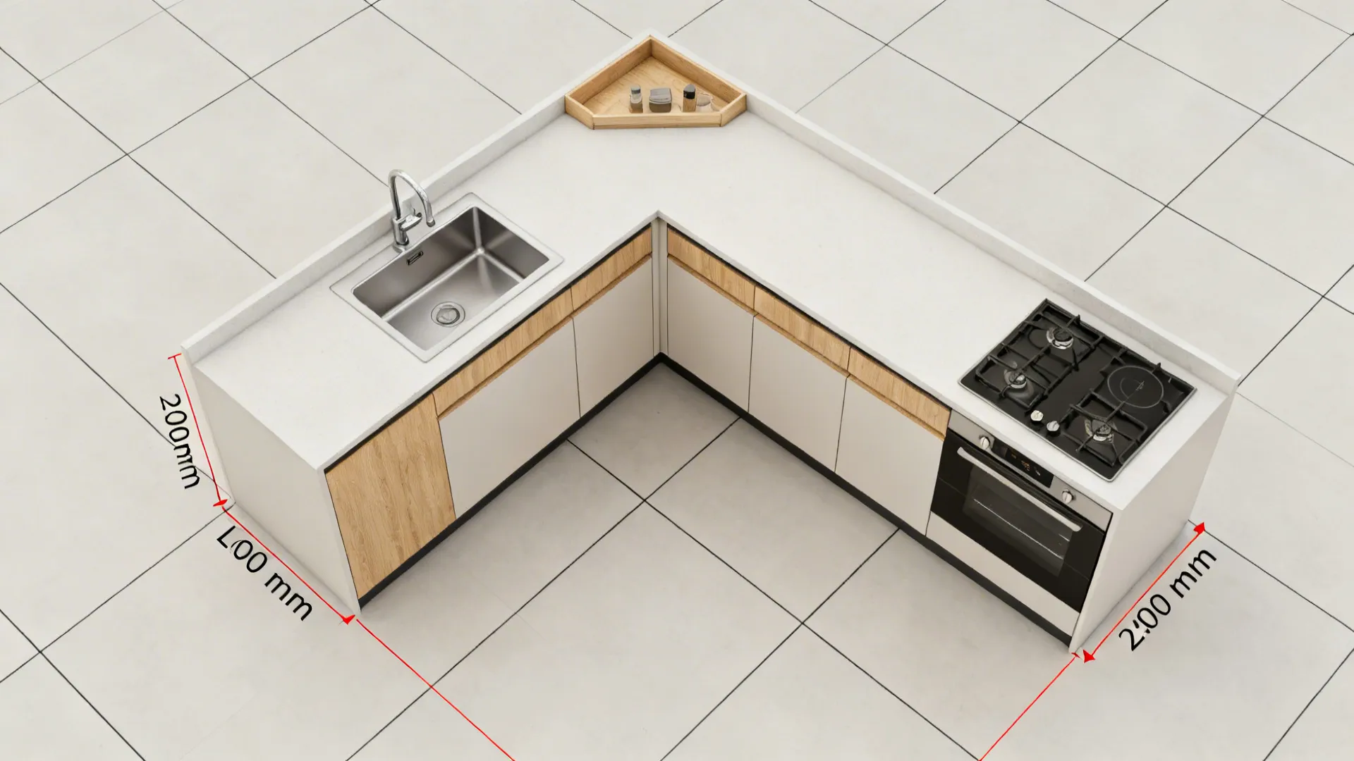 Compact L layout to unlock countertop length