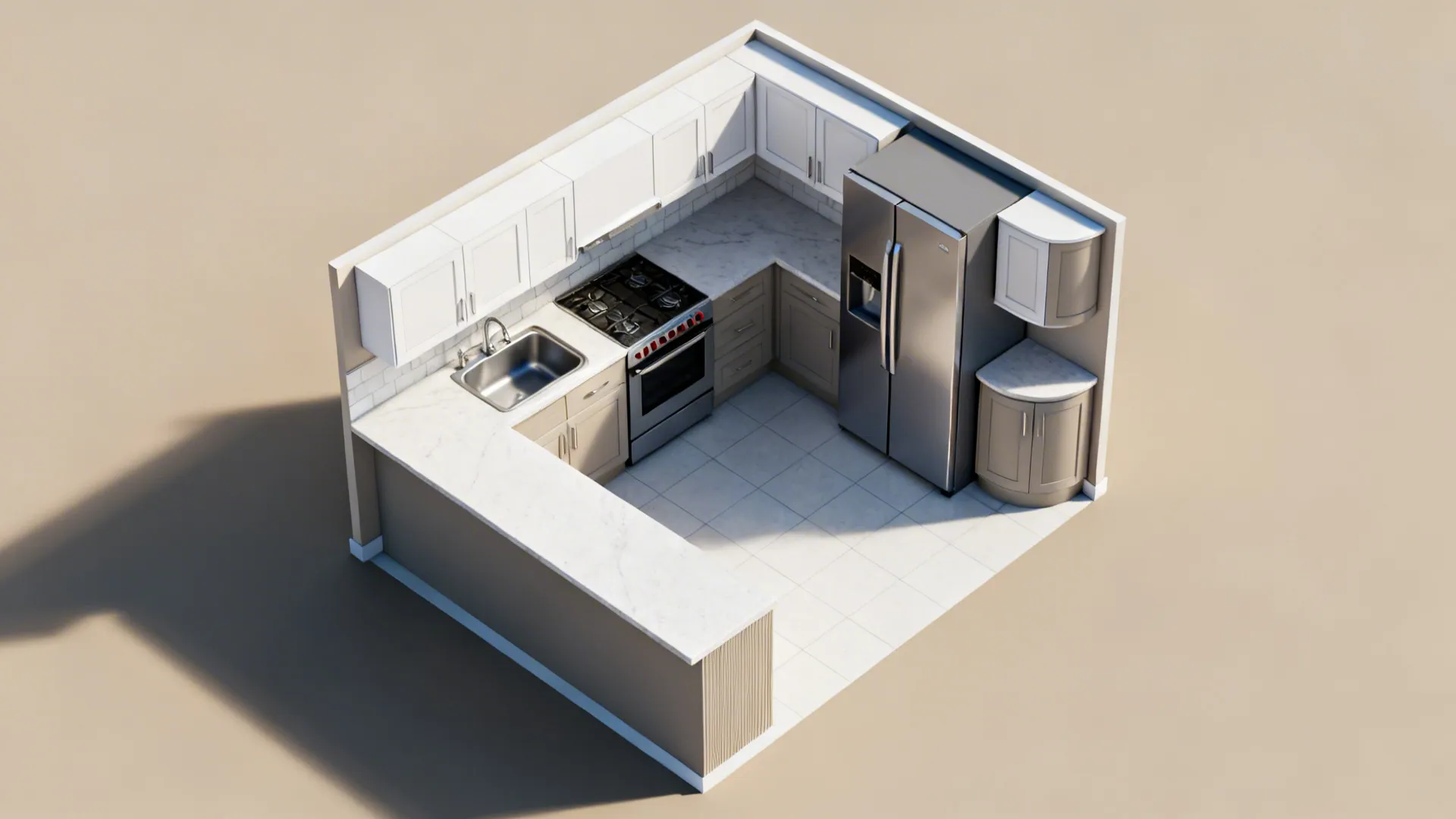 Top-down view of an L-shaped small kitchen with a clear work triangle and corner organizer.