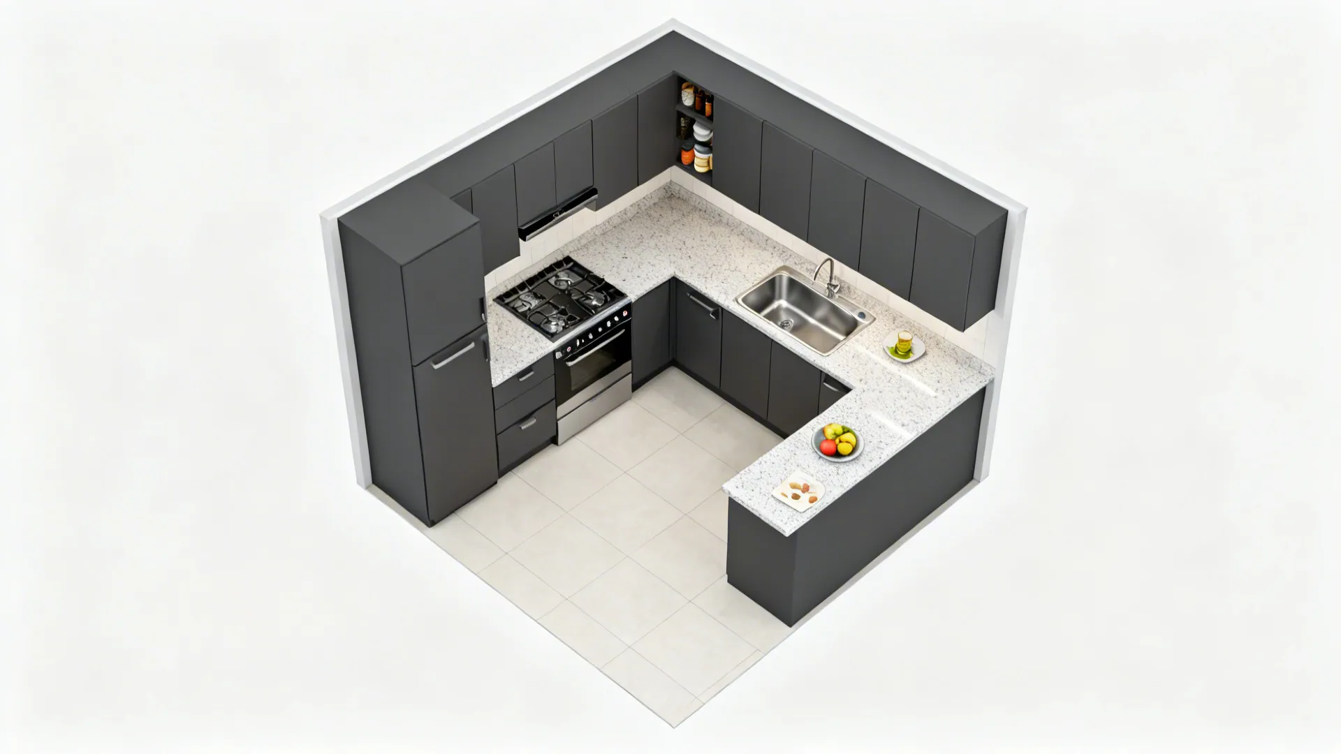 U-shaped kitchen interior design drawing with dark cabinets white speckled countertops sink stove and refrigerator