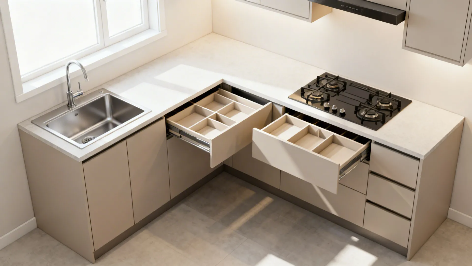 Top-down view of an L-shaped apartment kitchen with zones and a pull-out corner system.