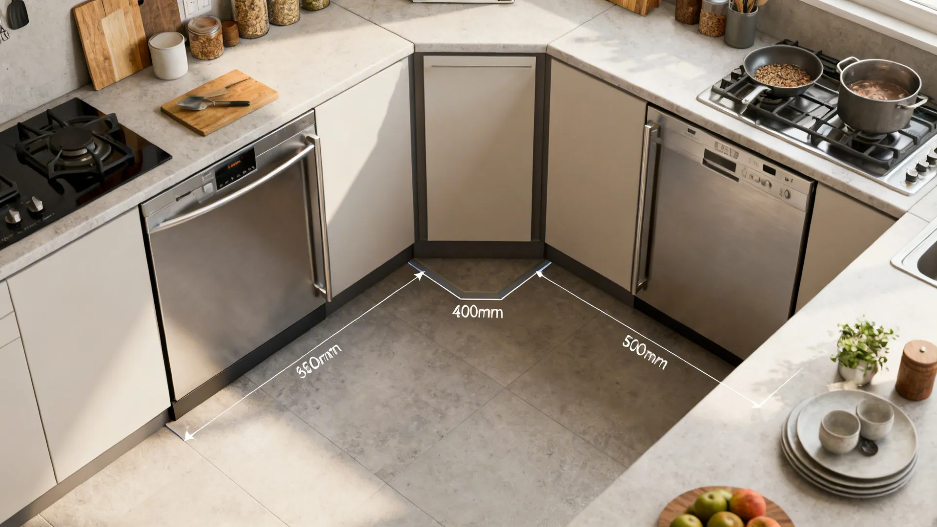Top-down view of a compact L-shaped kitchen with corner carousel footprint and door clearances.