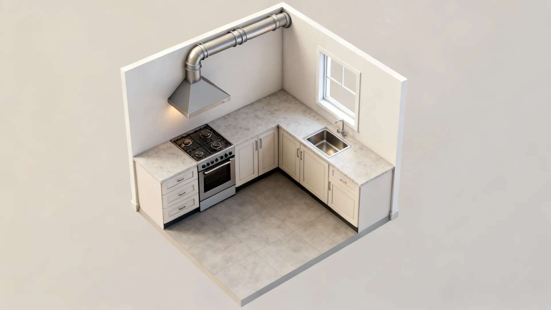 Top-down L-kitchen plan showing a diagonal duct route to the exterior wall.