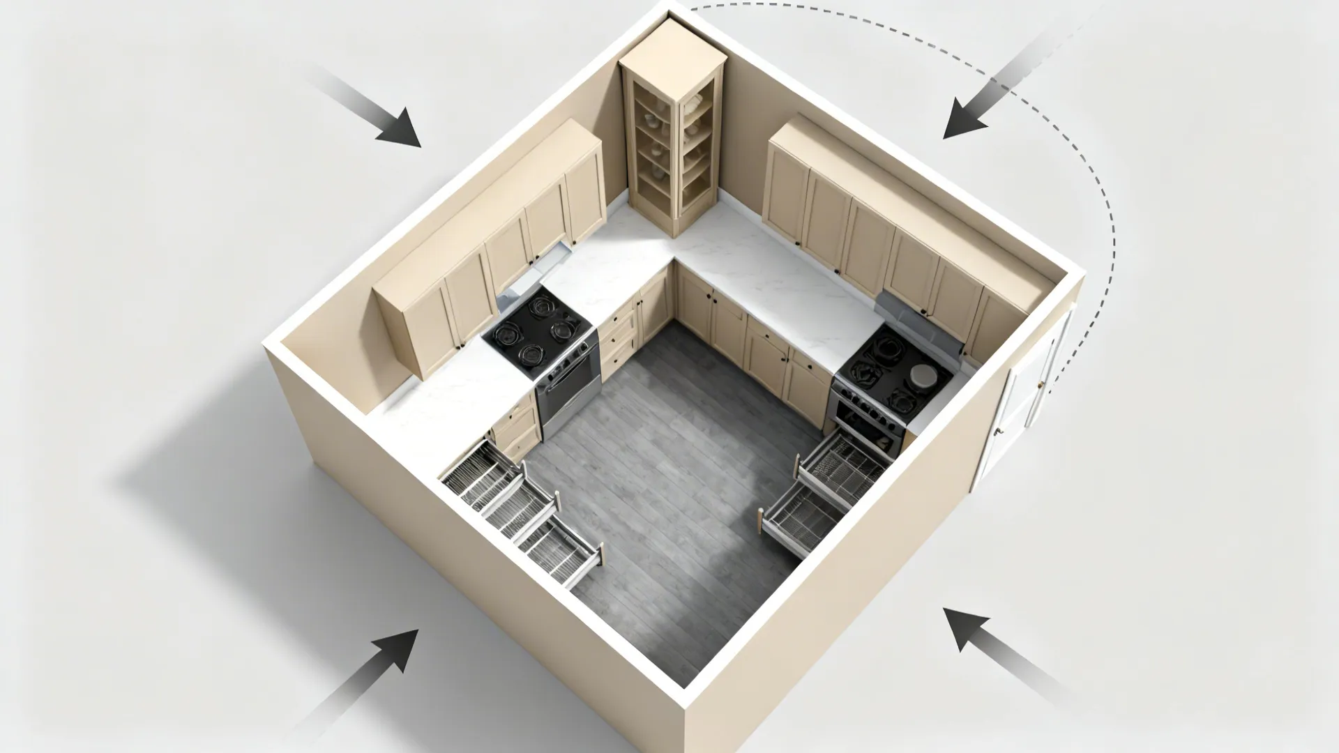 Top-down view of an L-shaped small kitchen showing circulation and a slim pantry tower position.