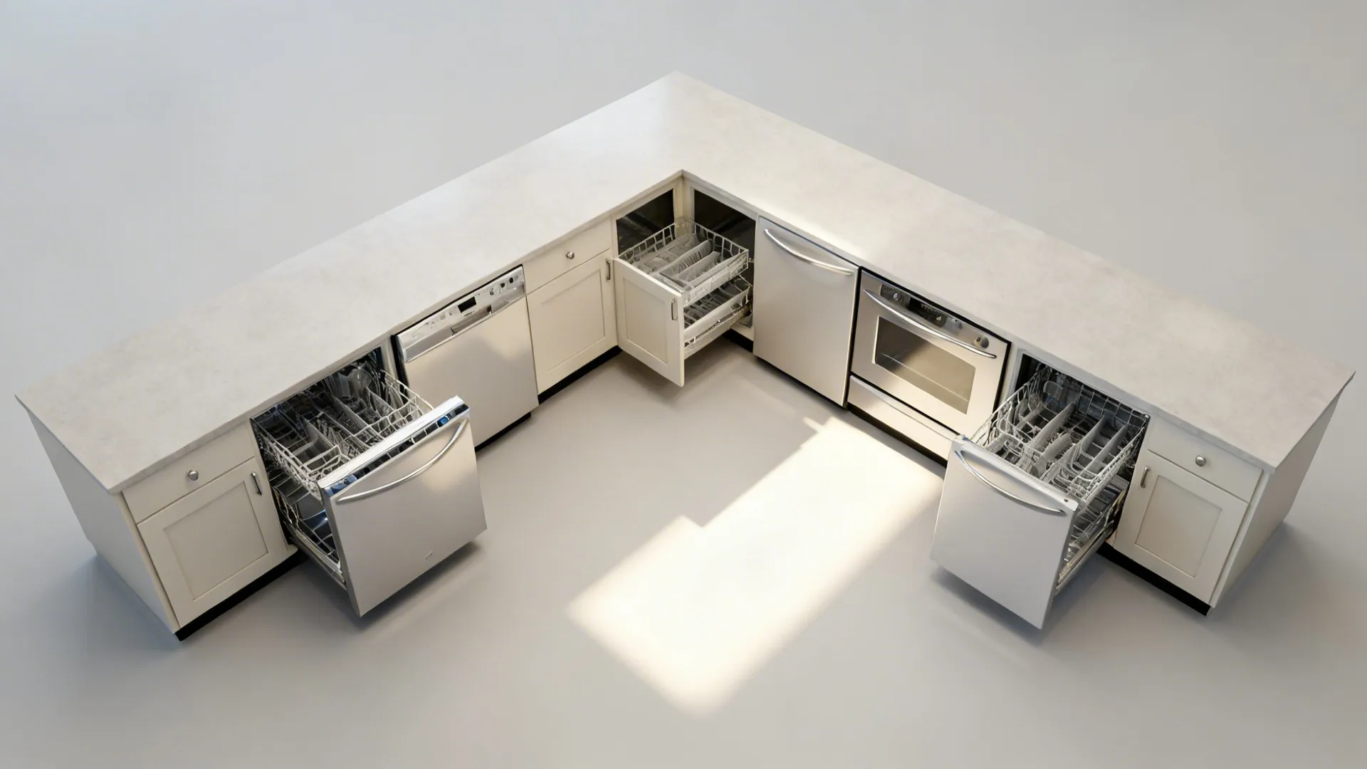 Top-down view of L-shaped base cabinets with corner trays and clear door swing zones.