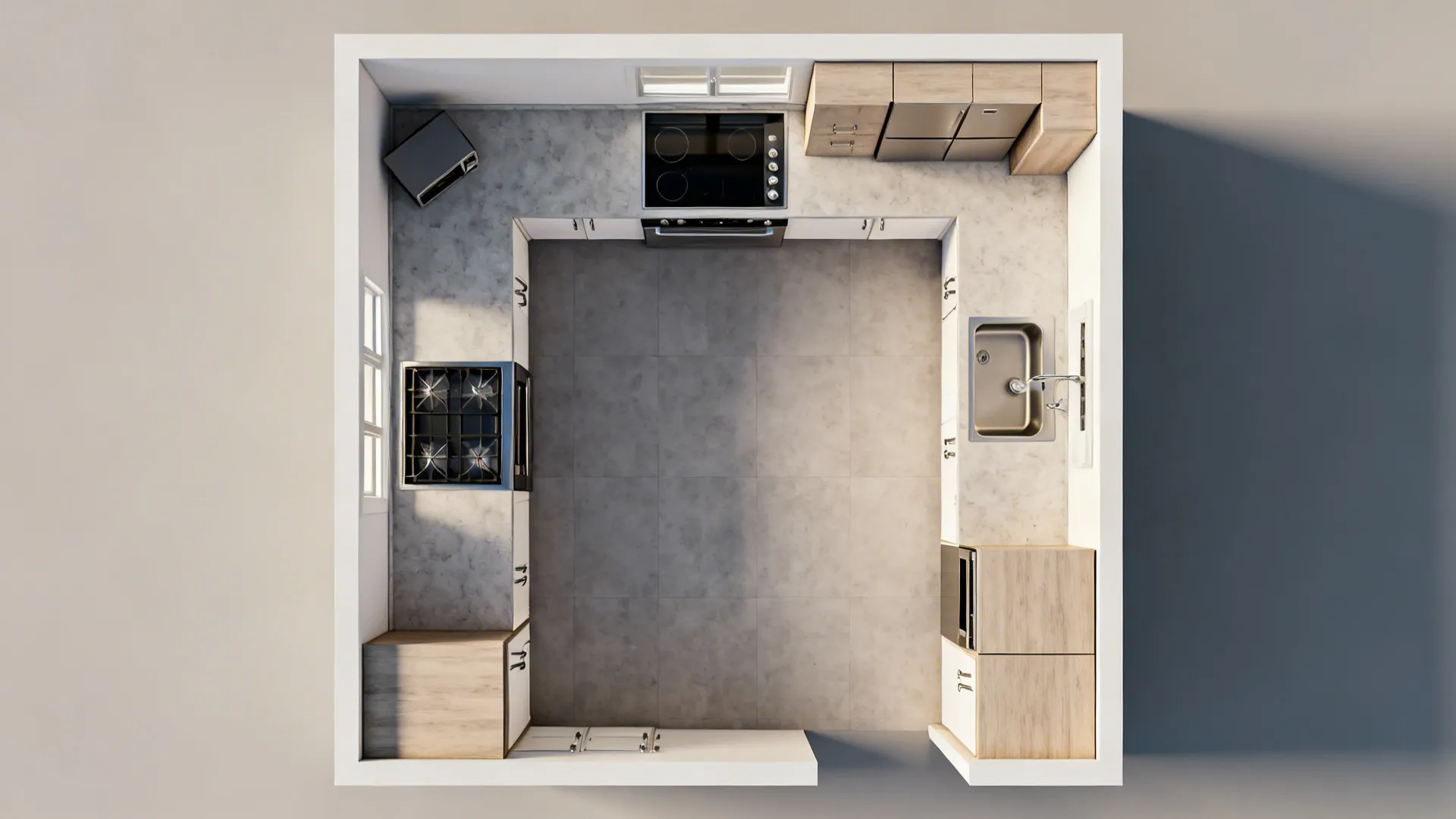 Top-down L-shaped 6x4 kitchen plan highlighting a long prep zone and clearances.